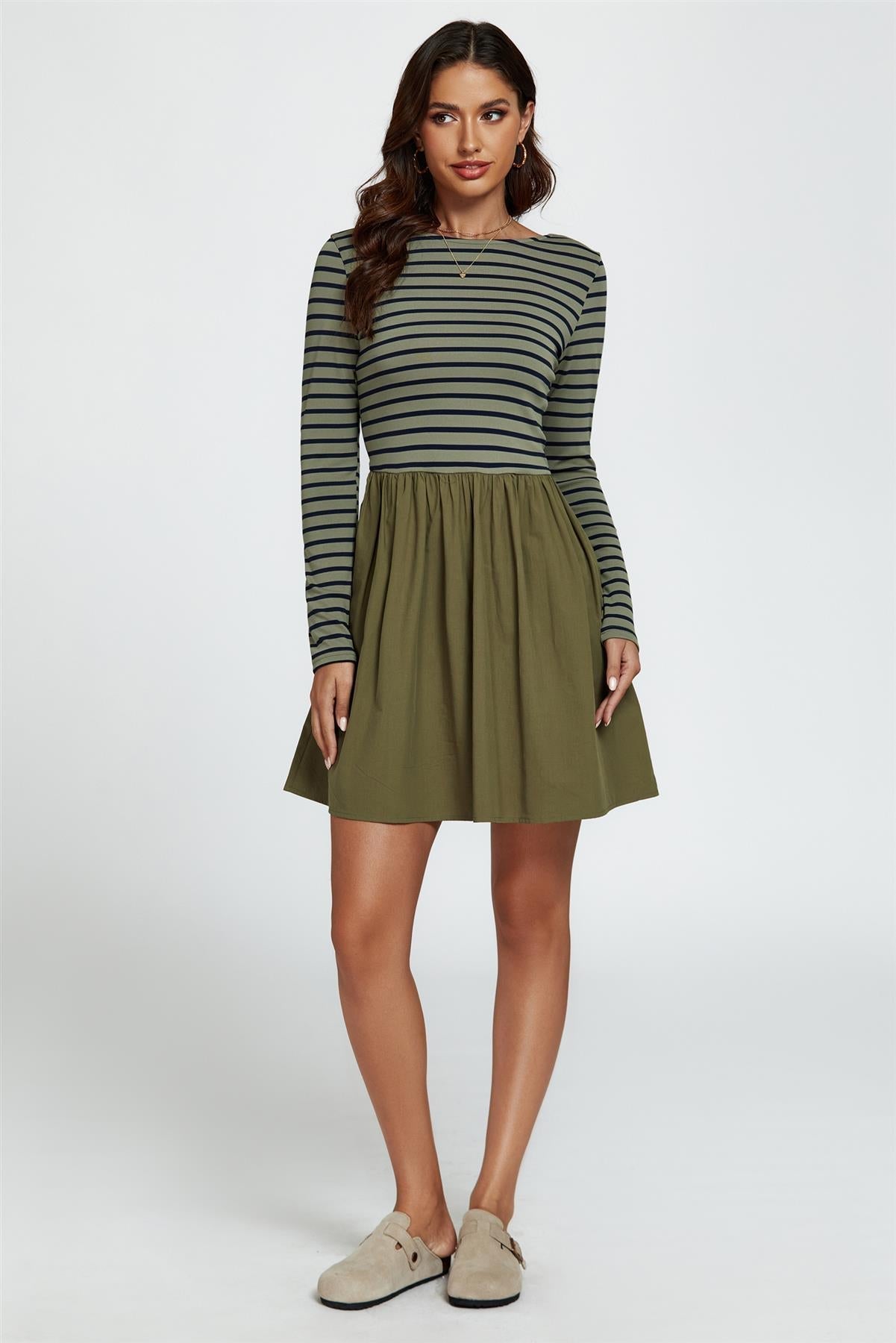 Long Sleeve Stripe Mini Dress In Olive