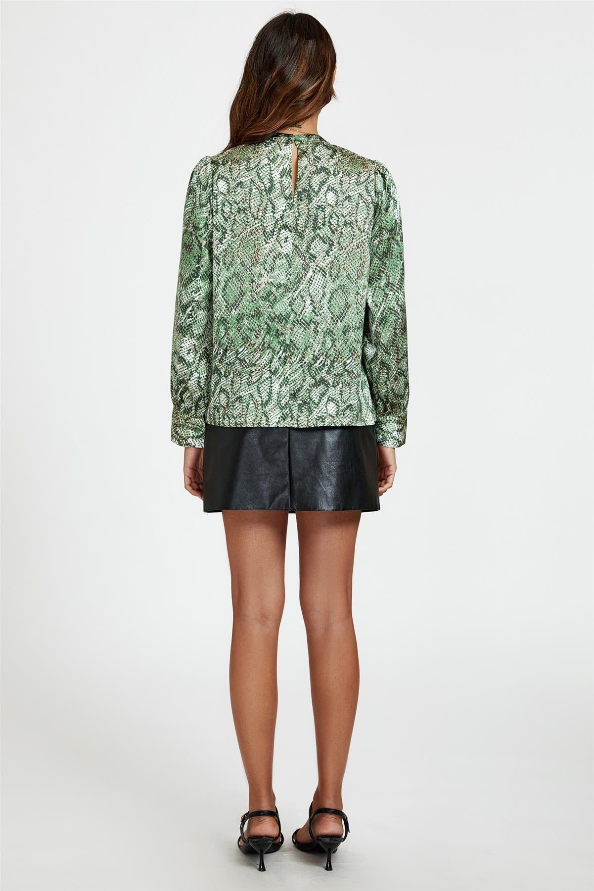 Animal Print Satin Long Sleeve High Neck Top In Green