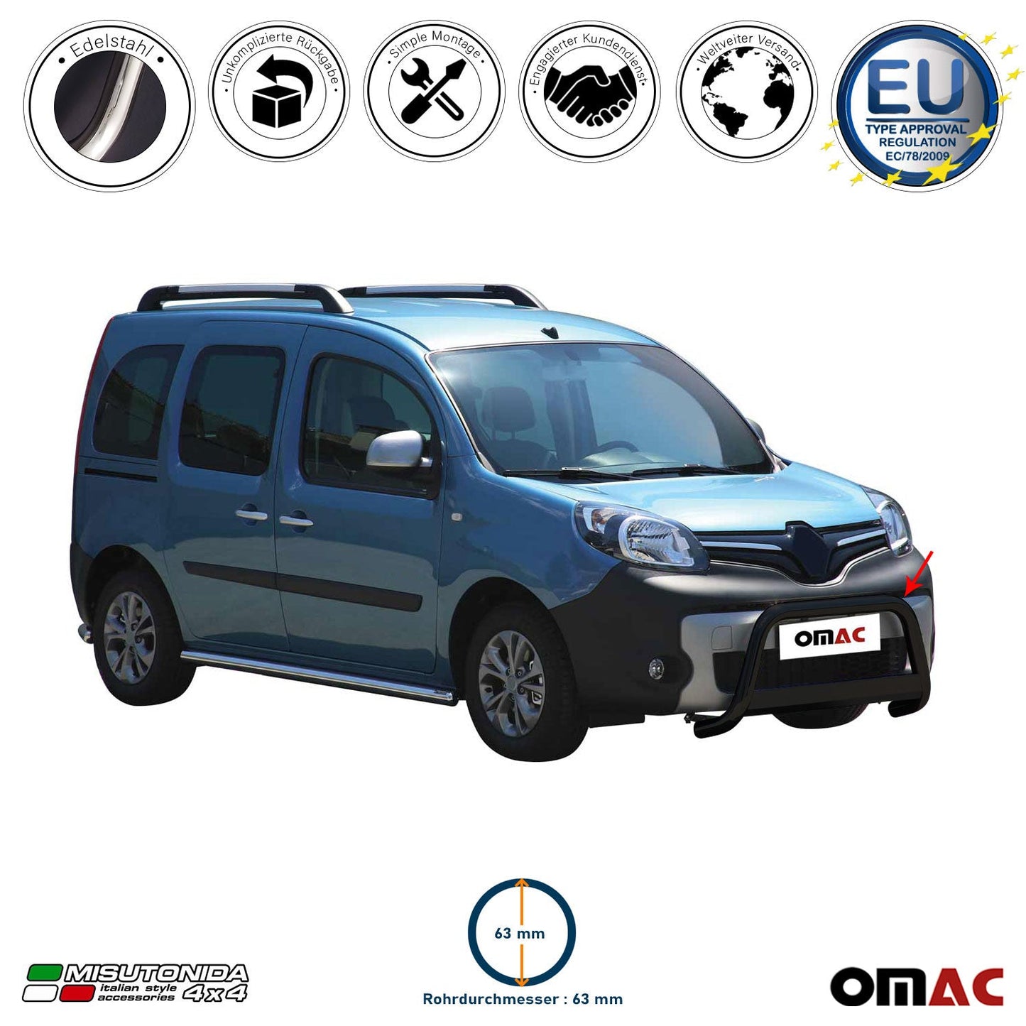 Bară de protecție/buton față pentru Renault Kangoo 2014-2021 ø63mm oțel negru