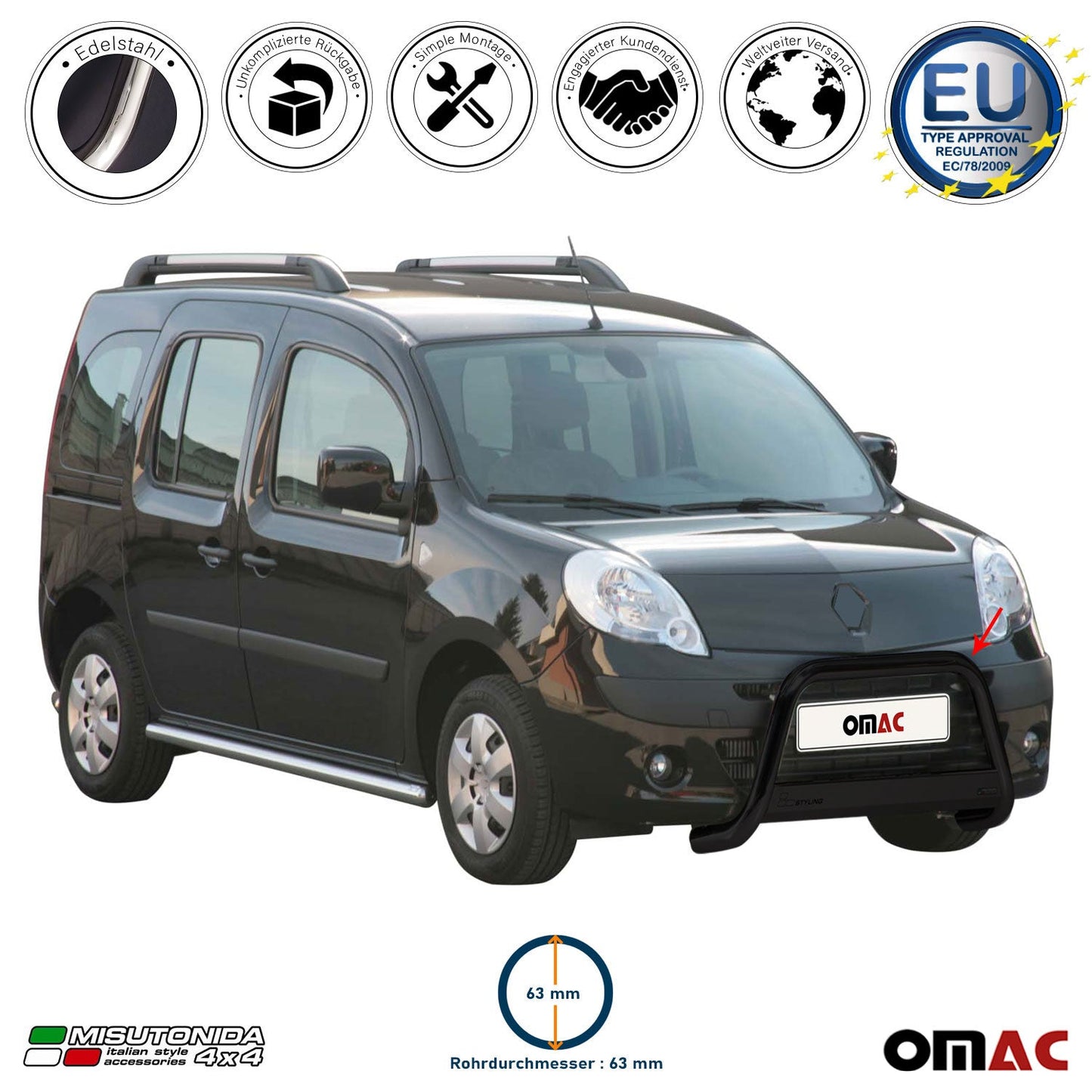Frontbügel Frontschutzbügel für Renault Kangoo 2008-2013 ø63mm Stahl Schwarz