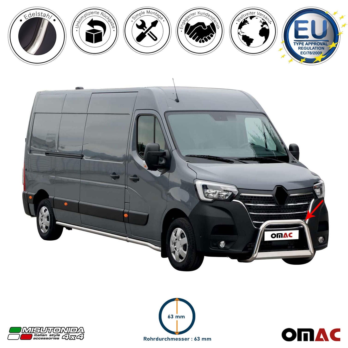 Bară de protecție/buton față pentru Renault Master 2019-2024, ø63mm, oțel, argintiu