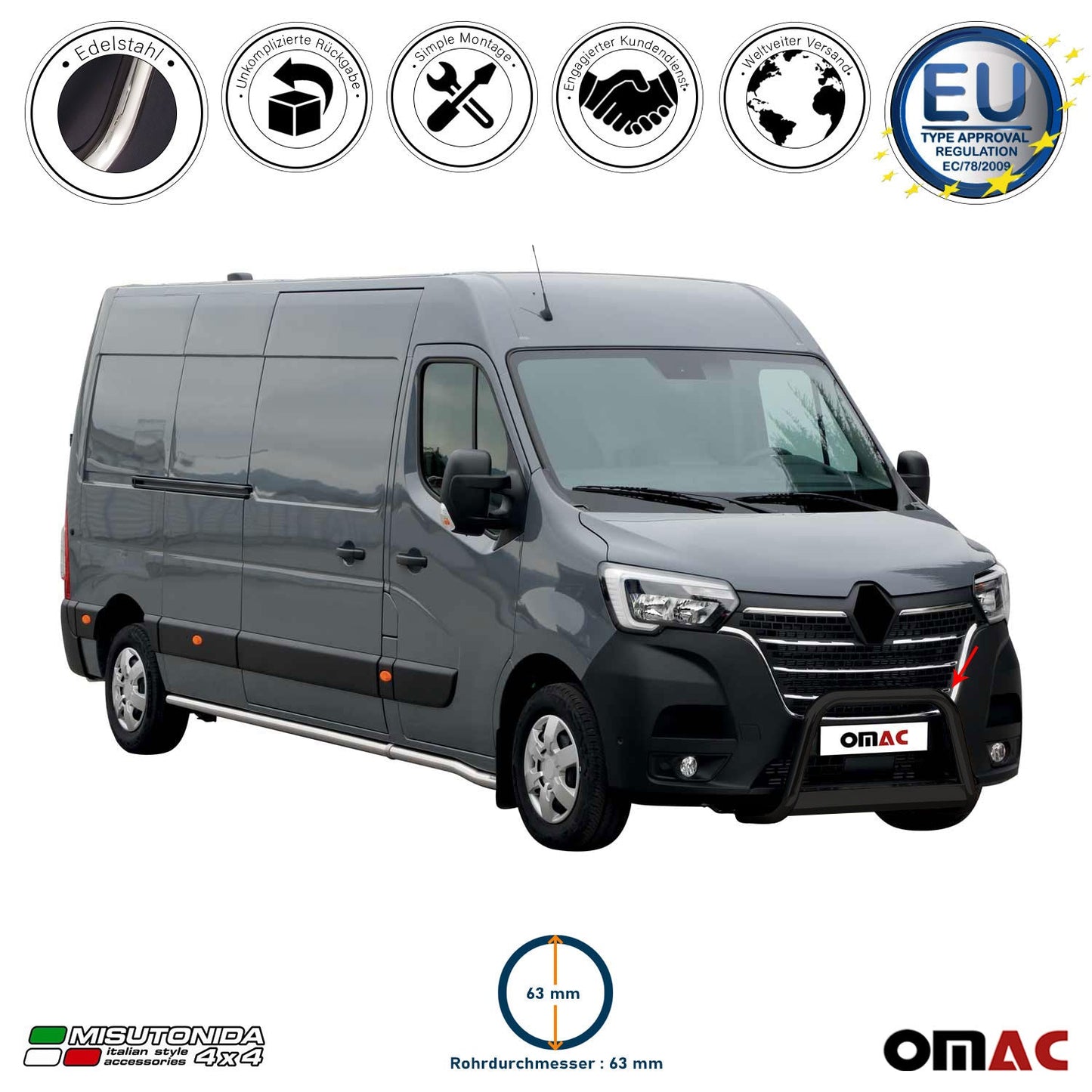 Frontbügel Frontschutzbügel für Renault Master 2019-2024 ø63mm Stahl Schwarz