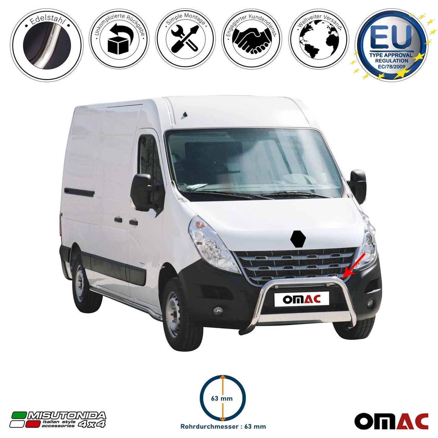 Bară de protecție/buton față pentru Renault Master 2010-2018, ø63mm, oțel, argintiu