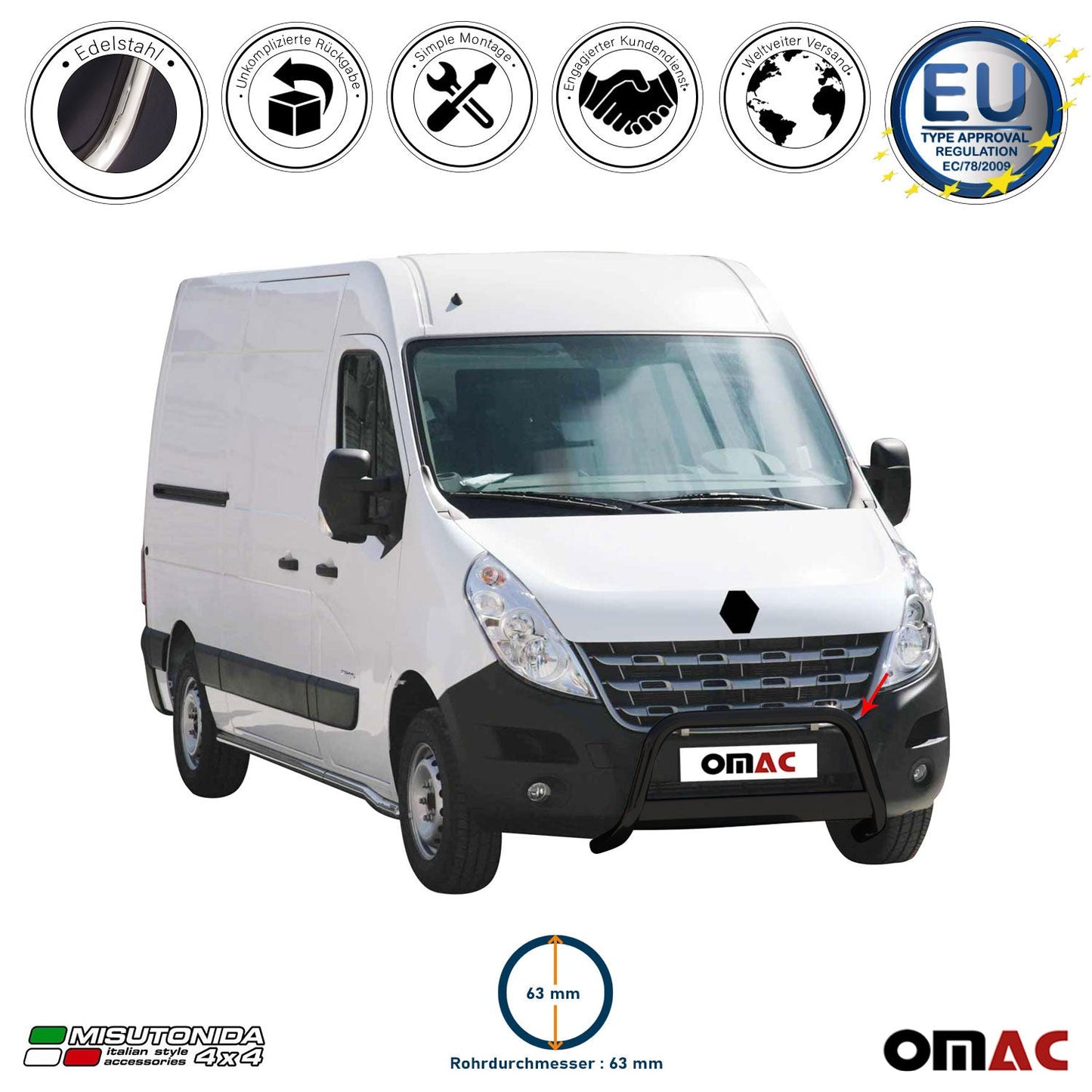 Bară de protecție/buton față pentru Renault Master 2010-2018, ø63mm, oțel, negru