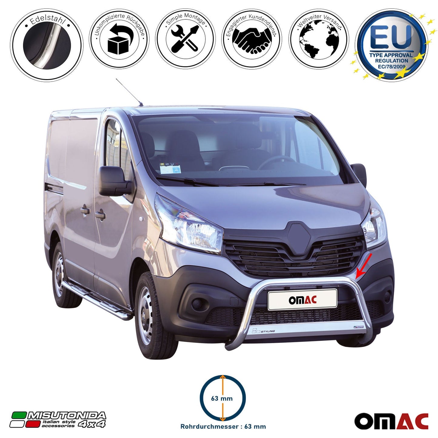 Bară de protecție/buton față pentru Renault Trafic 2014-2019, ø63mm, oțel, argintiu