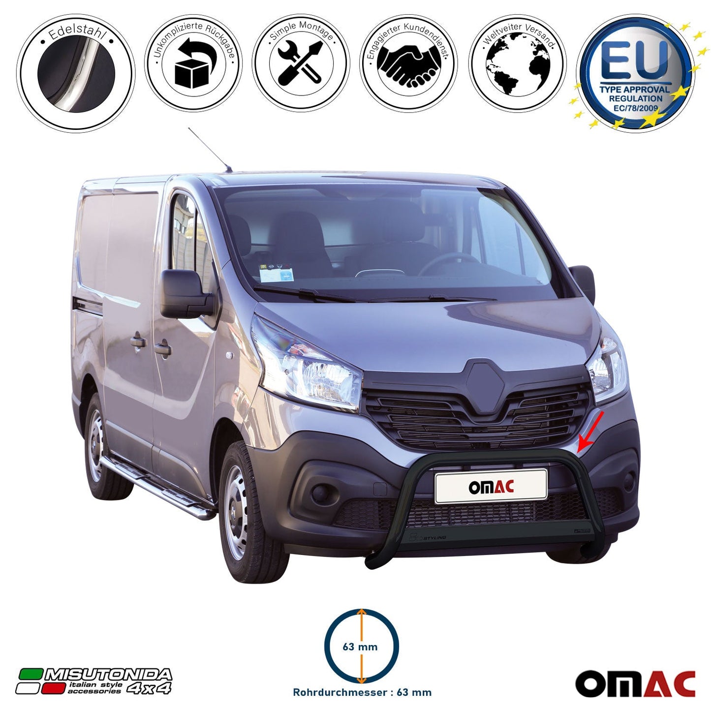 Bară de protecție/buton față pentru Renault Trafic 2014-2019, ø63mm, oțel, negru