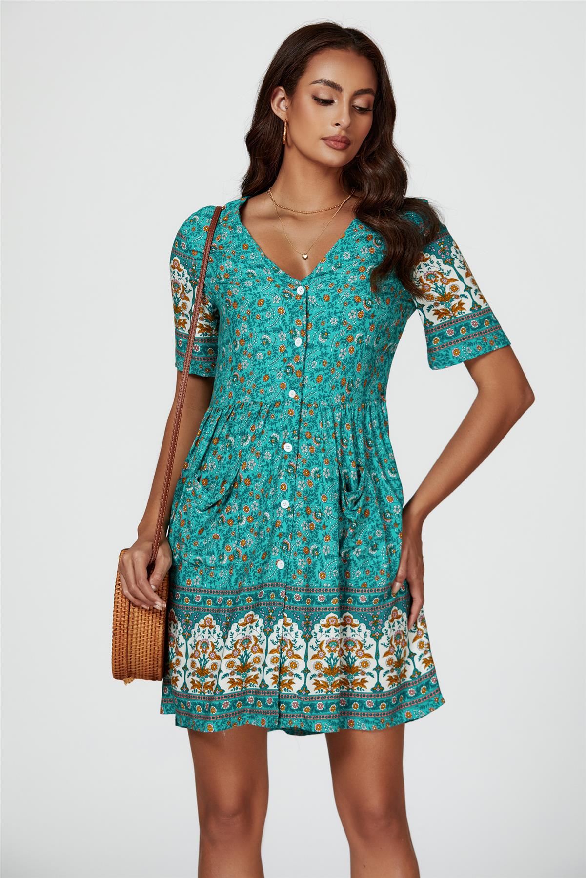 Print Boho Mini Dress In Green