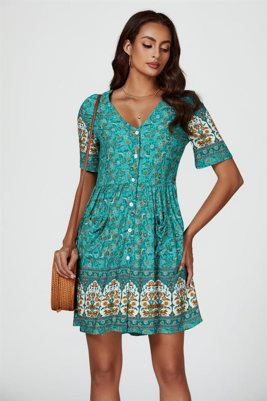 Print Boho Mini Dress In Green