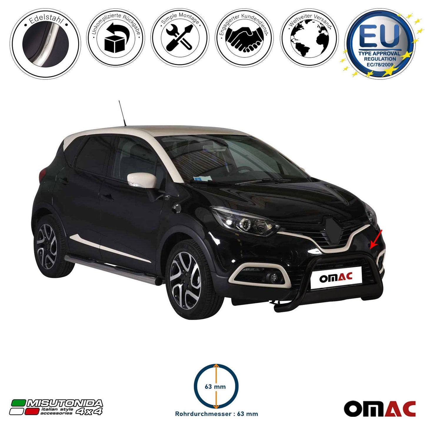Bară de protecție/buton față pentru Renault Captur 2013-2017, ø63mm, oțel, negru