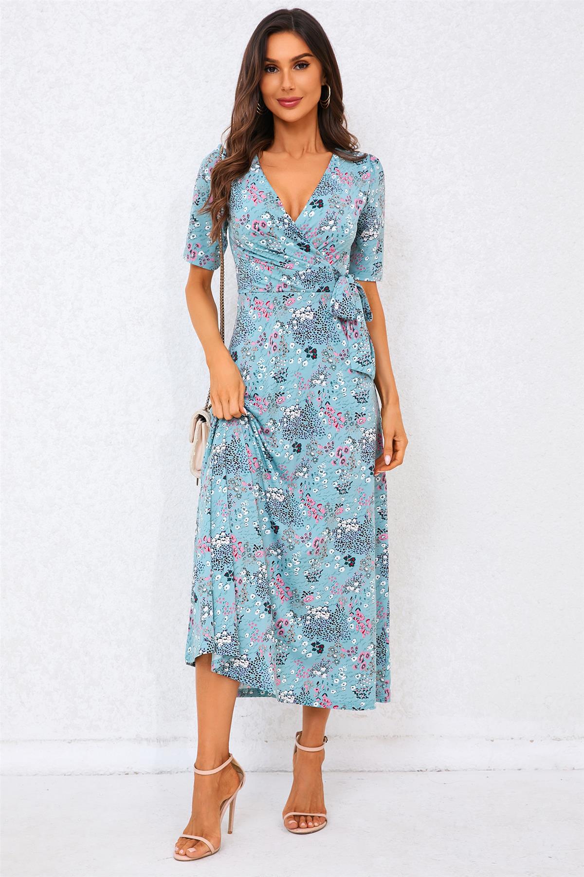 Floral Print Jersey Midi Dress In Blue