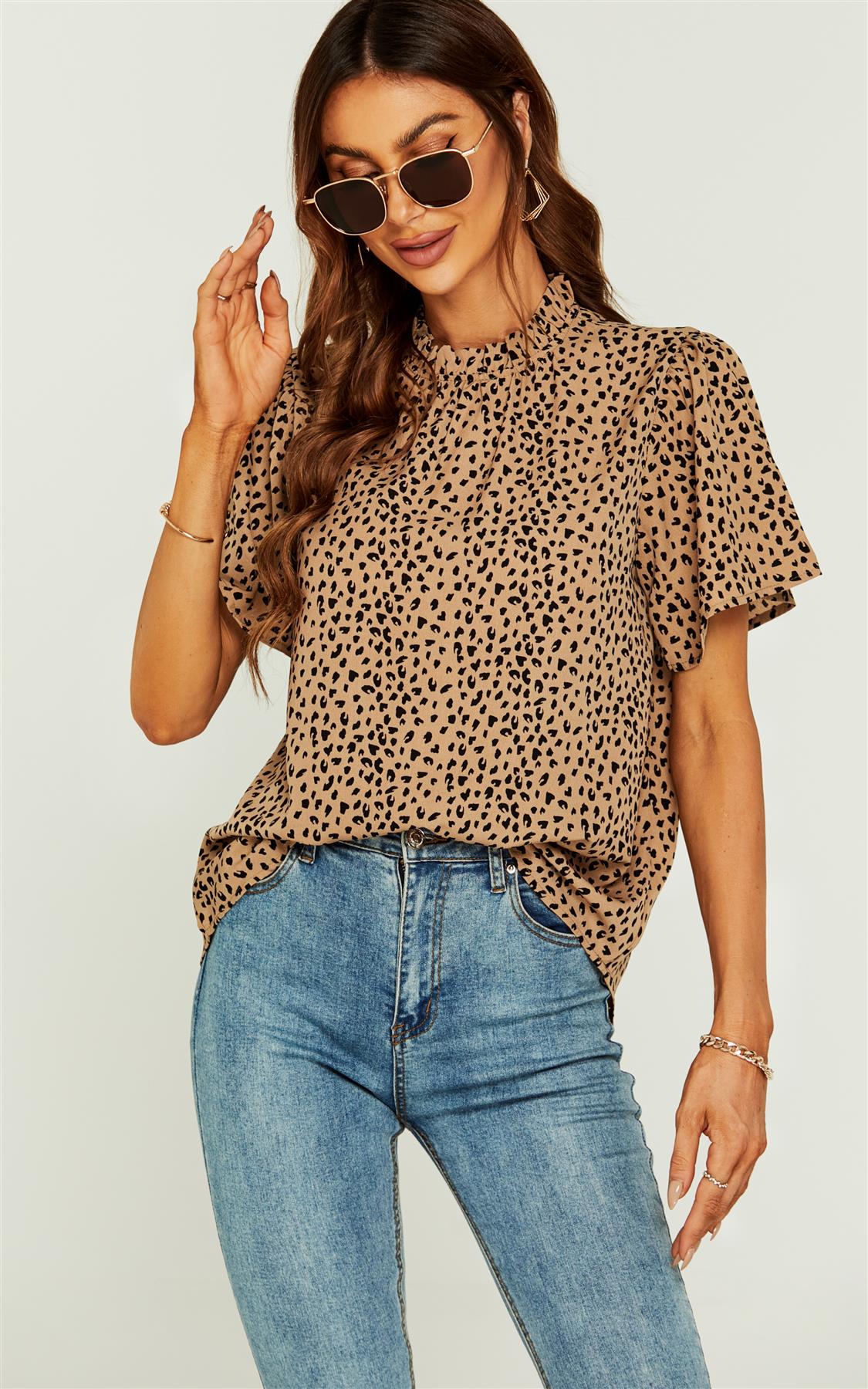 Little Heart Print Angle Sleeve High Neck Top/Blouse In Beige