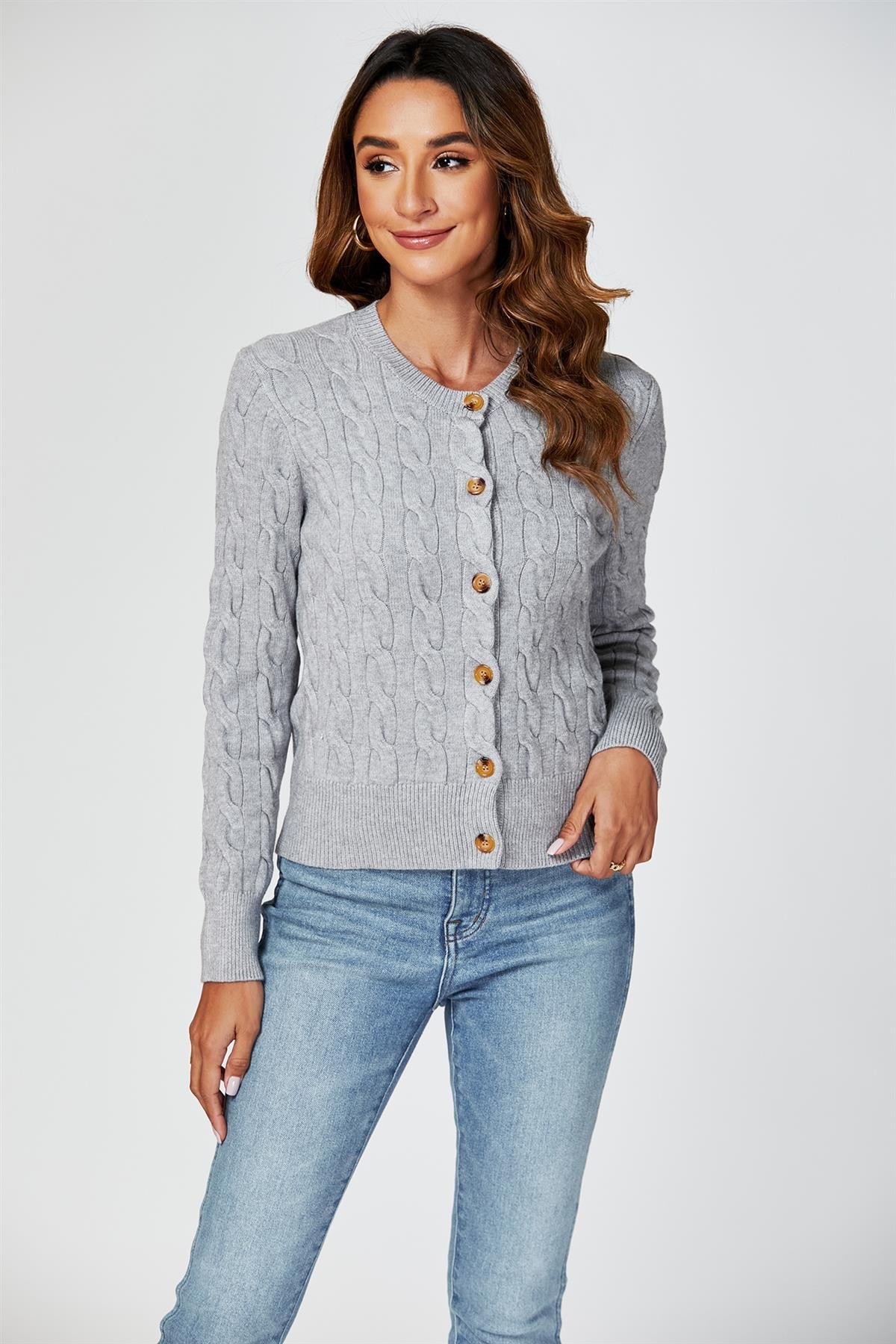 Cable-Knit Crewneck Cardigan In Grey