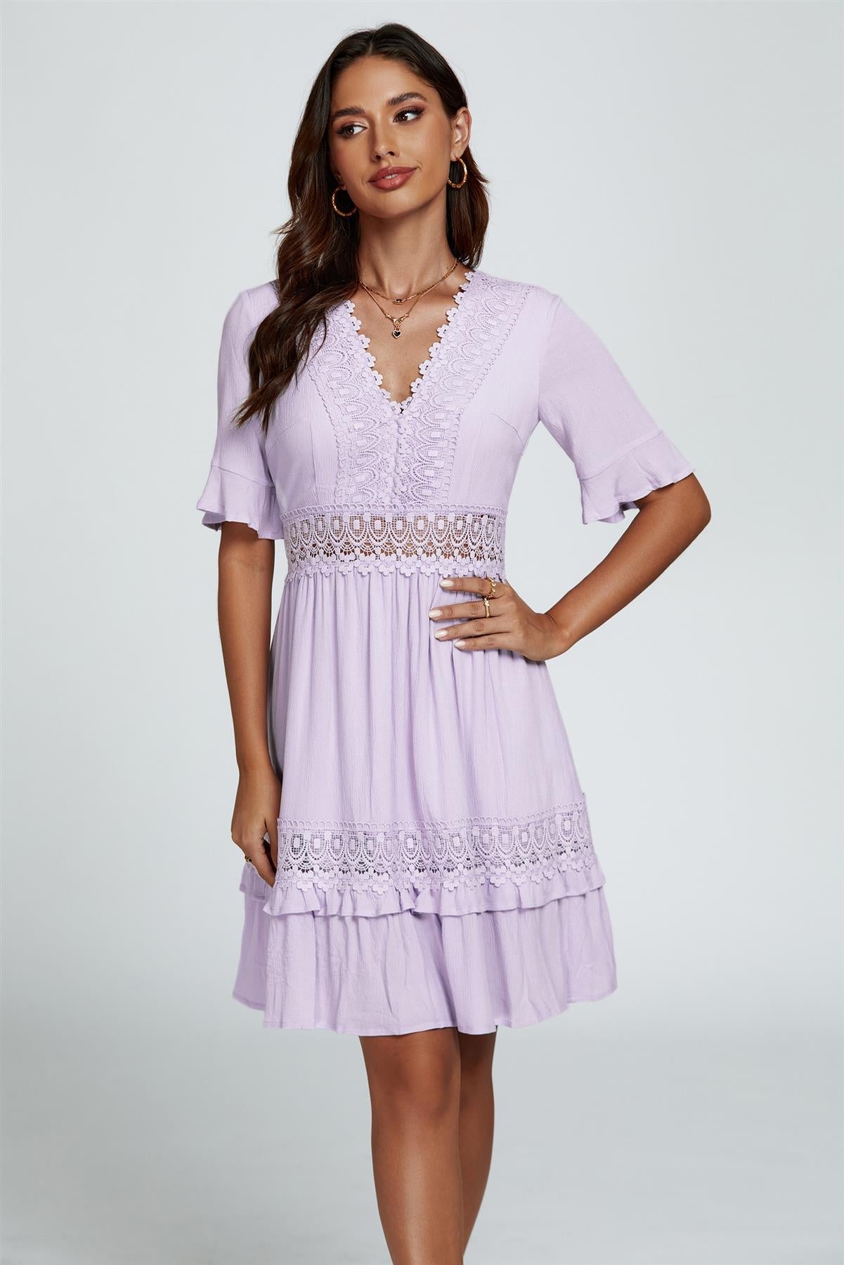 V Neck Lace Mini Dress In Purple