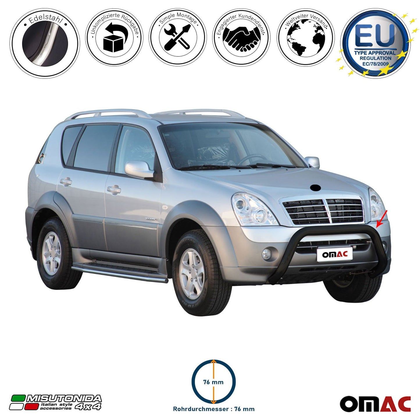 Bară de protecție/buton față pentru Ssangyong Rexton 2006-2012, ø76mm, oțel, negru