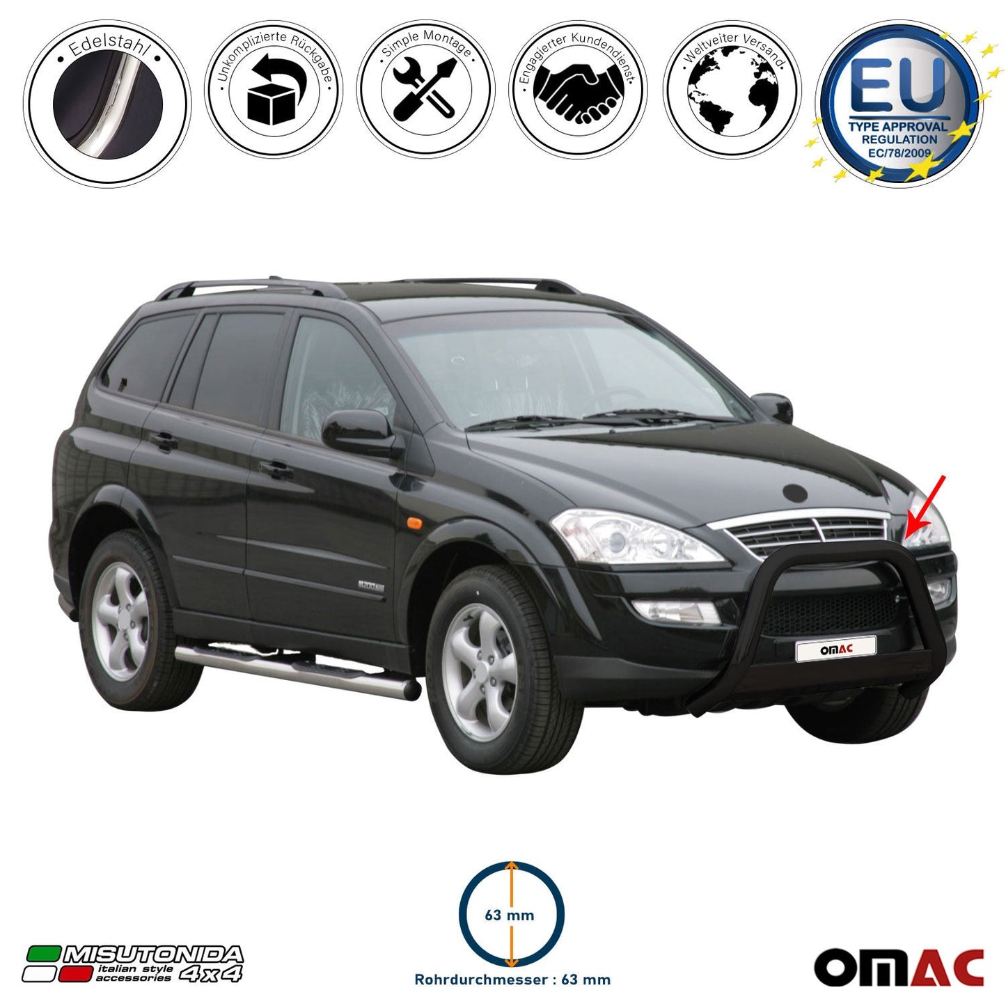 Frontbügel Frontschutzbügel für Ssangyong Kyron 2007-2014 ø63mm Stahl Schwarz