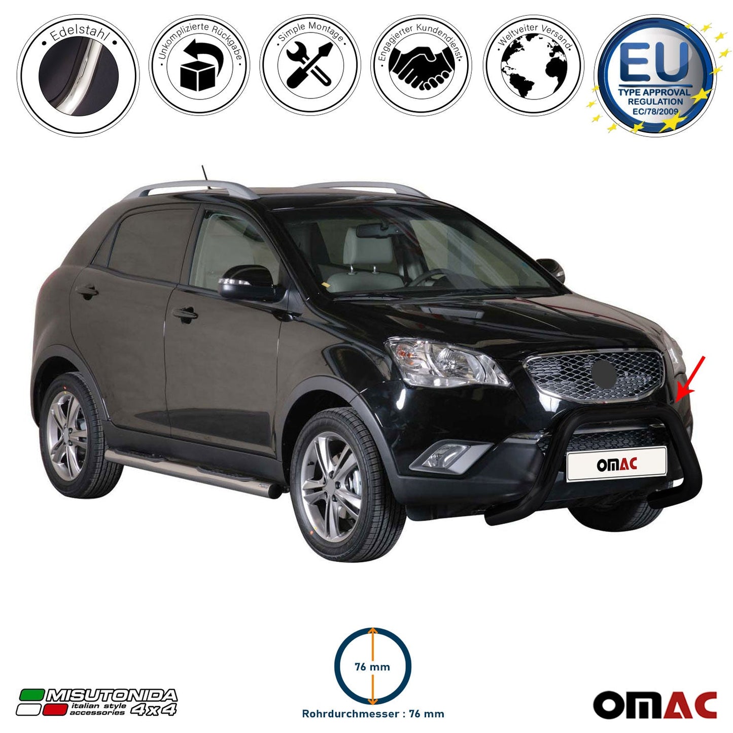 Bară de protecție/buton față pentru Ssangyong Korando 2011-2019 ø76mm oțel negru