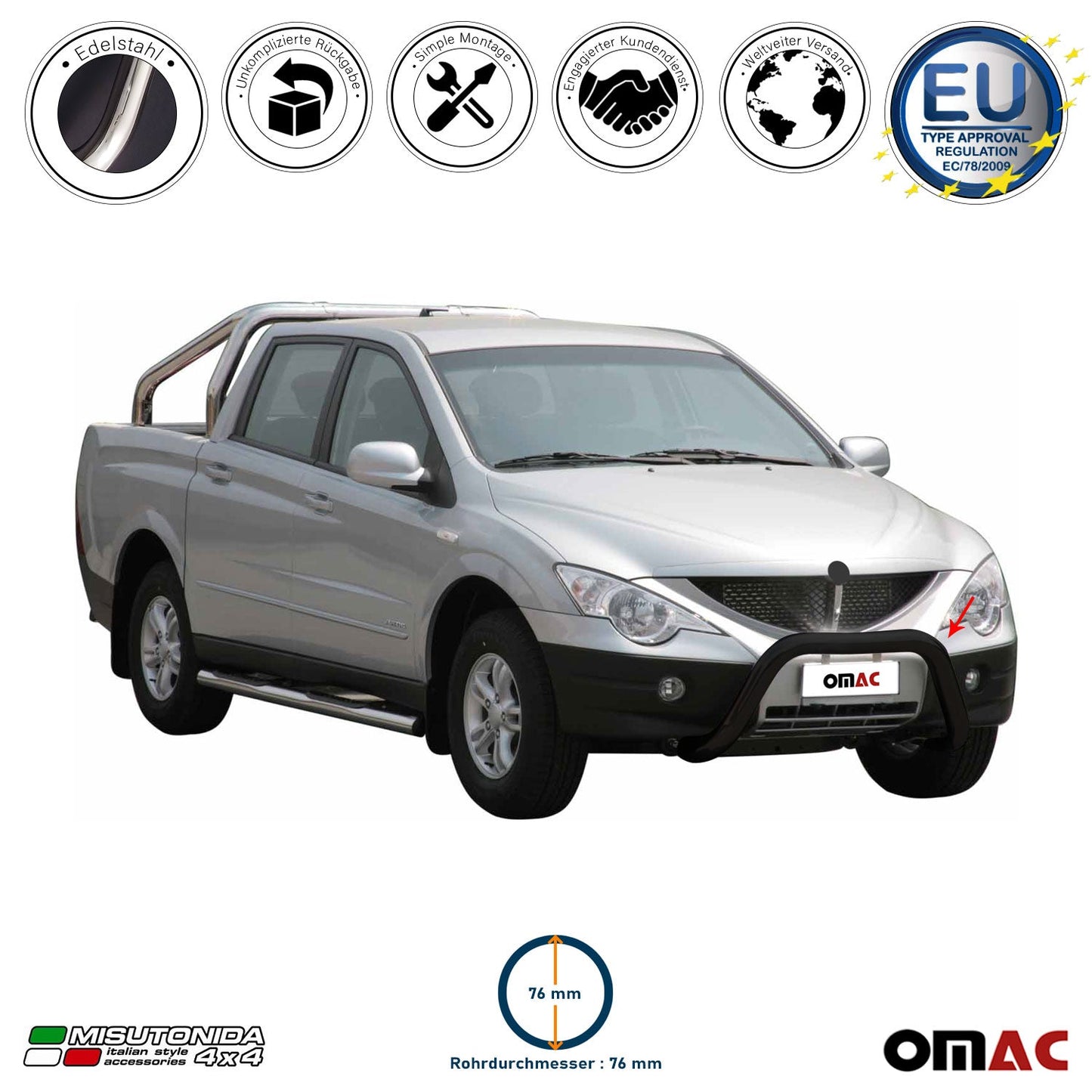 Bară de protecție/buton față pentru Ssangyong Actyon Sports 2012-2018 ø76 Negru