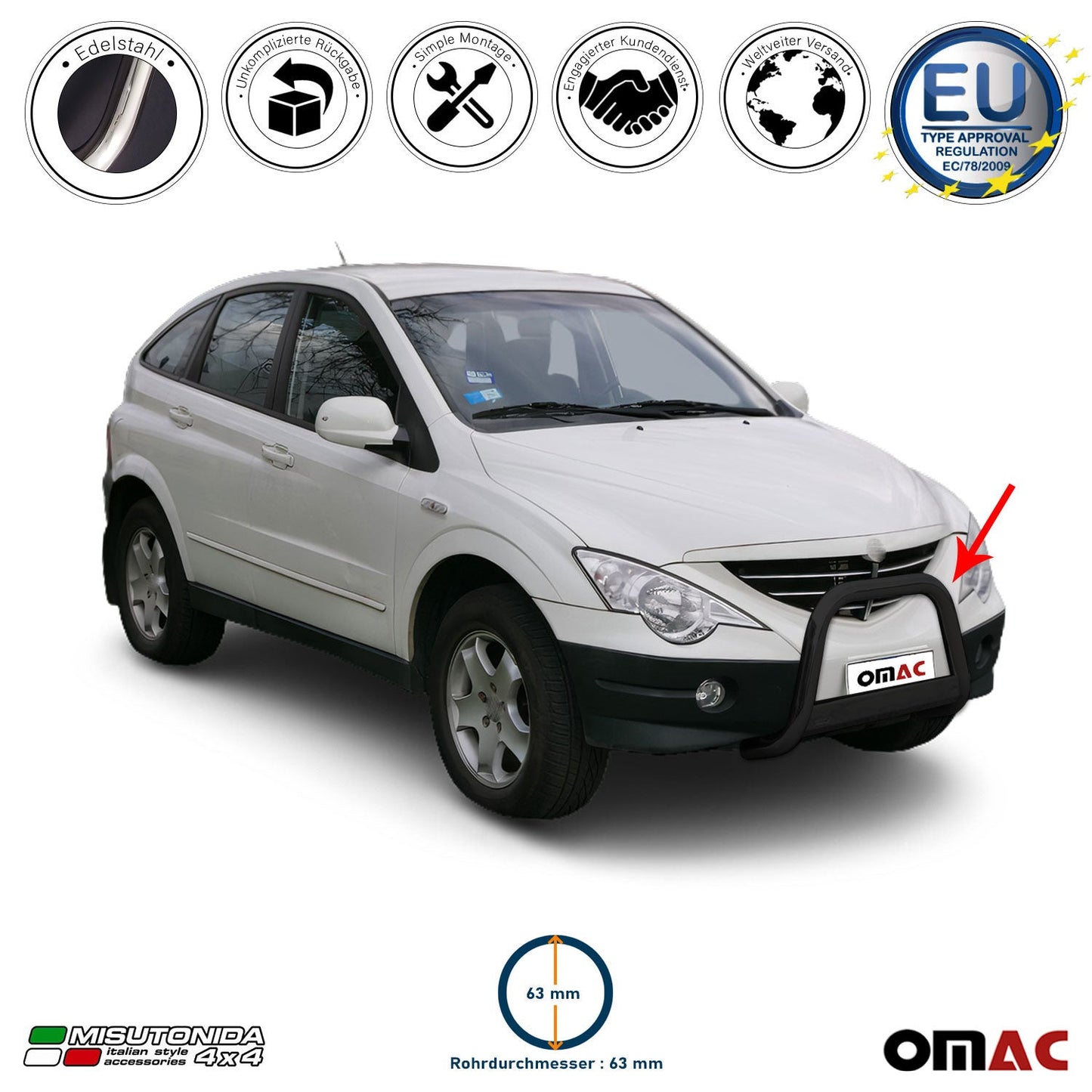 Bară de protecție/buton față pentru Ssangyong Actyon 2006-2012, ø63mm, oțel, negru