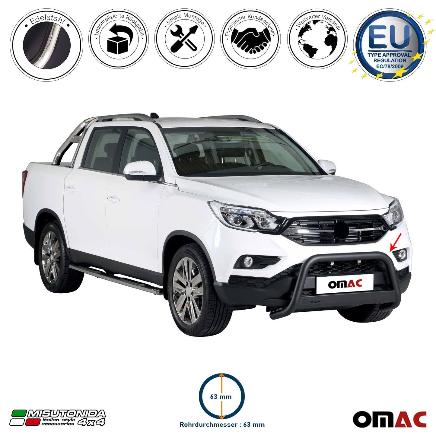 Bară de protecție/buton față pentru Ssangyong Musso 2018-2025, ø63mm, oțel, negru