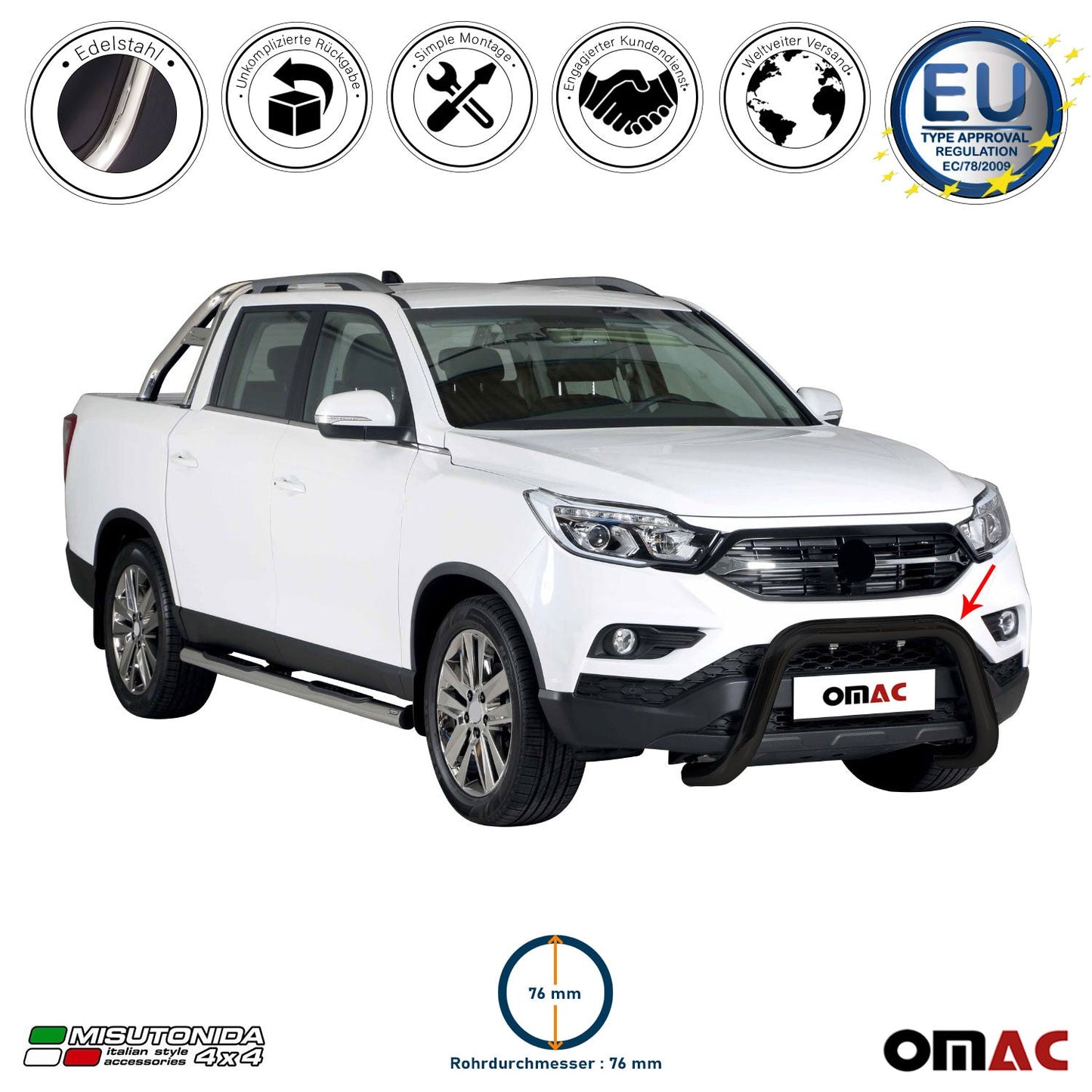 Frontbügel Frontschutzbügel für Ssangyong Musso 2018-2025 ø76mm Stahl Schwarz