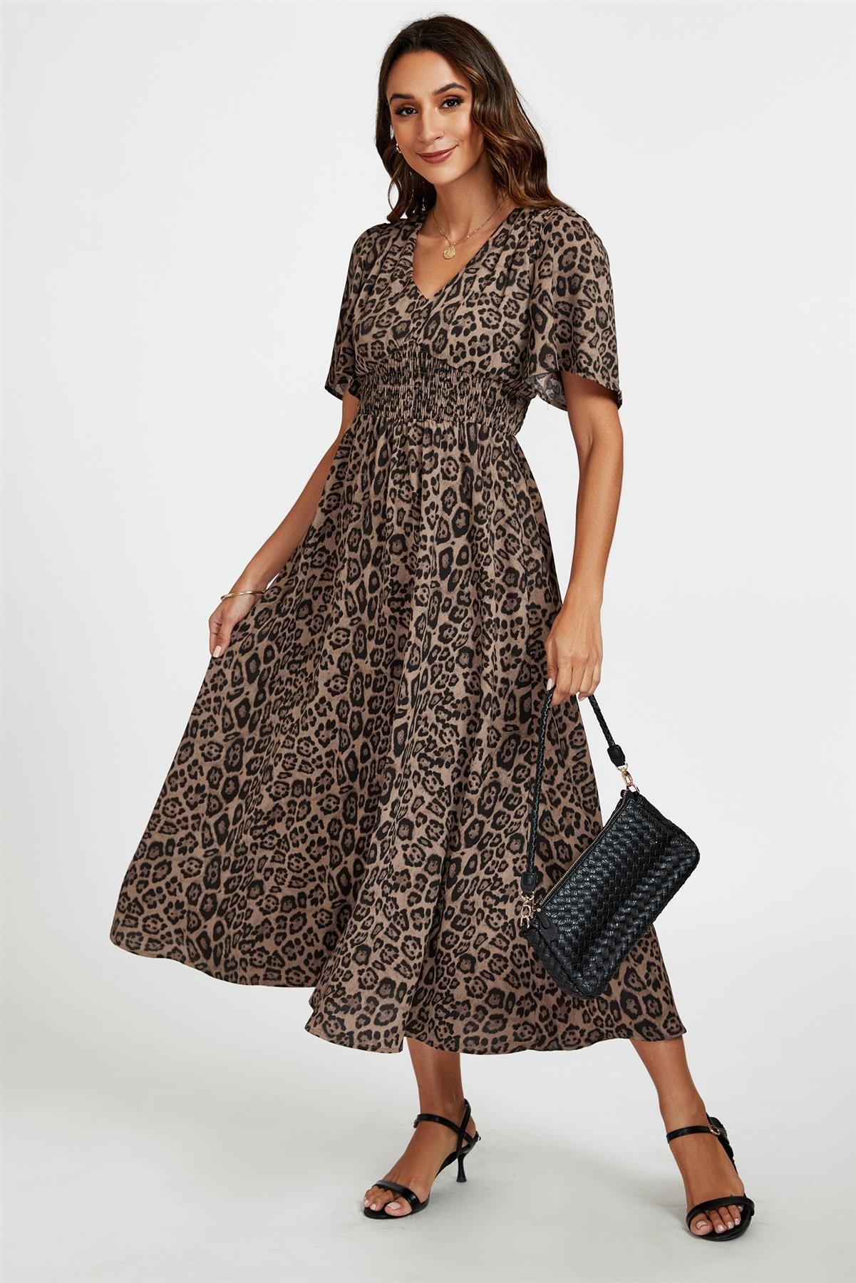 Leopard Print V Neck Midi Dress In Brown