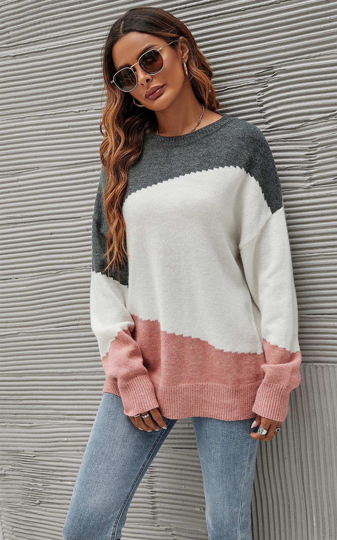 Grey & Pink Block Colour Jumper Top In White