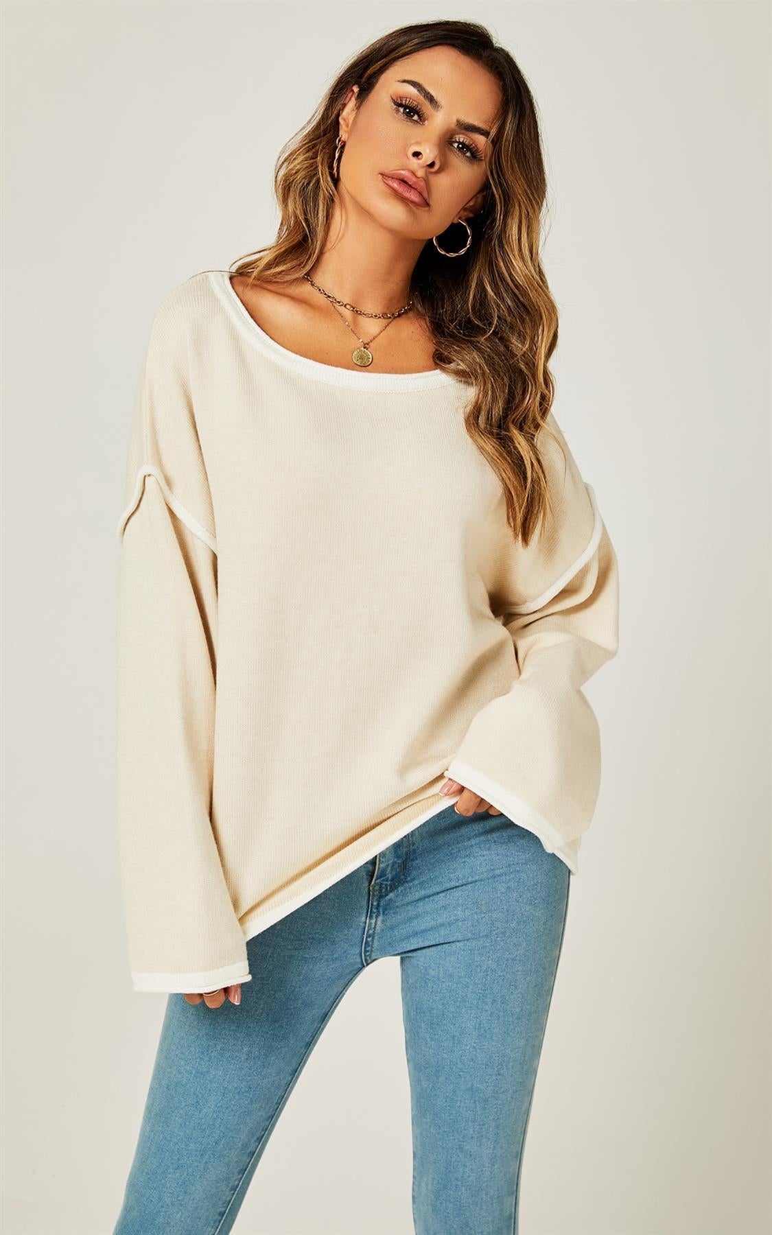 White Striped Oversized Jumper Top In Beige