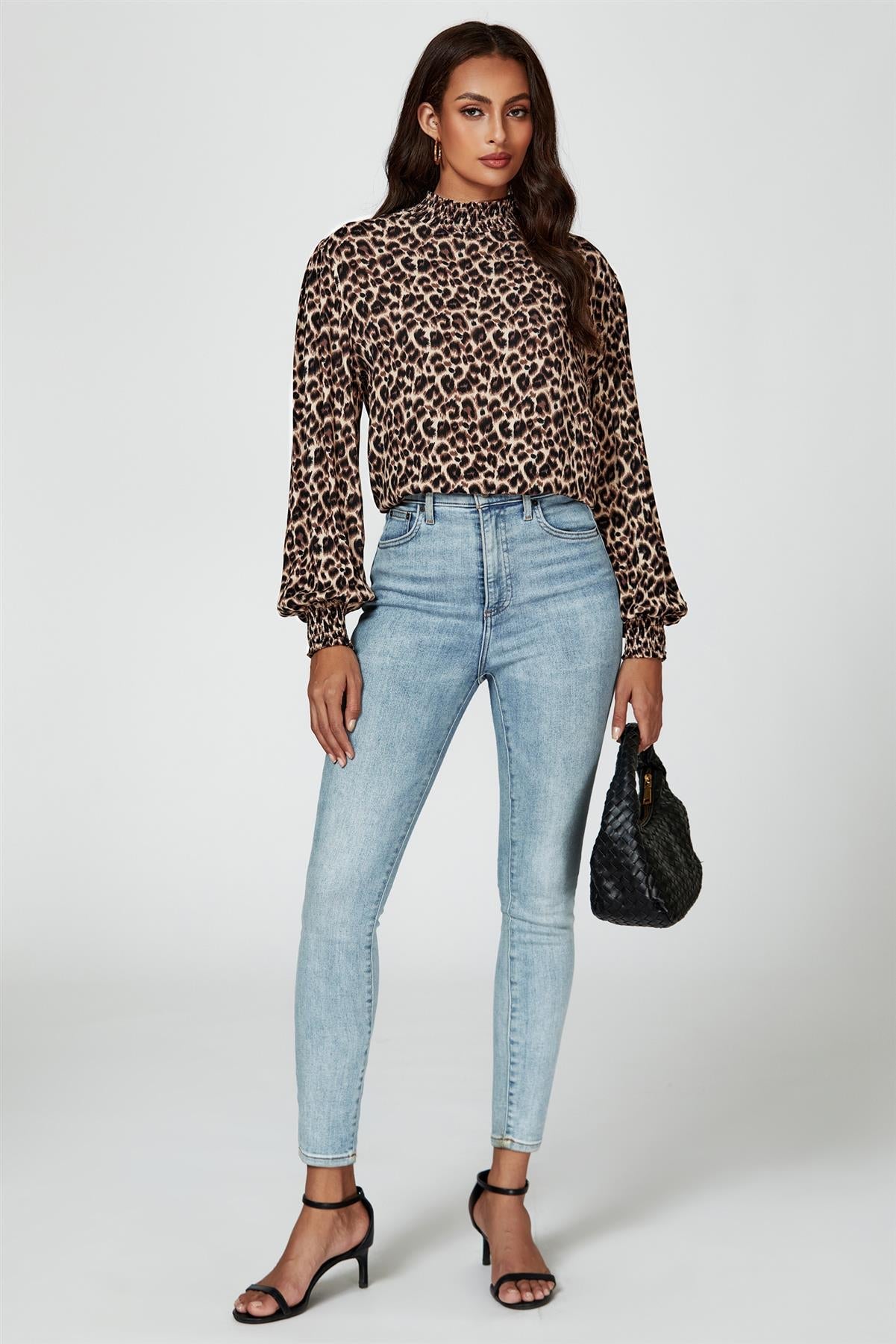 Leopard Print Long Sleeve High Neck Blouse In Brown