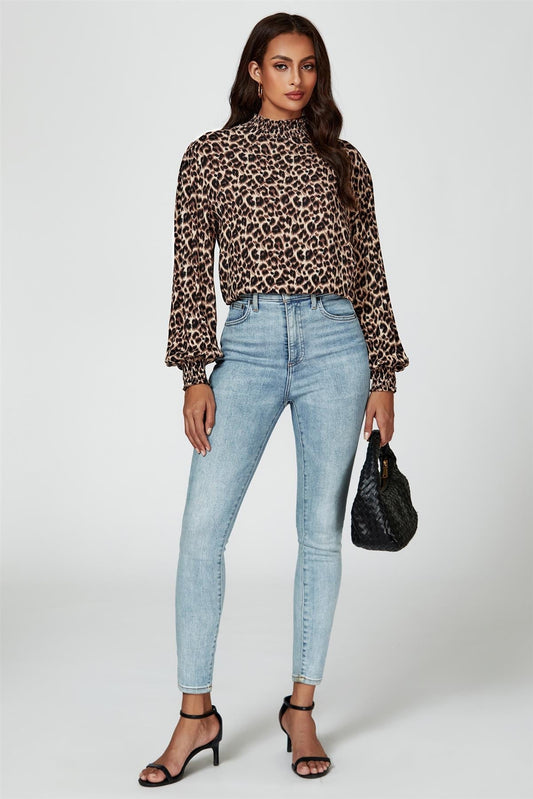Leopard Print Long Sleeve High Neck Blouse In Brown