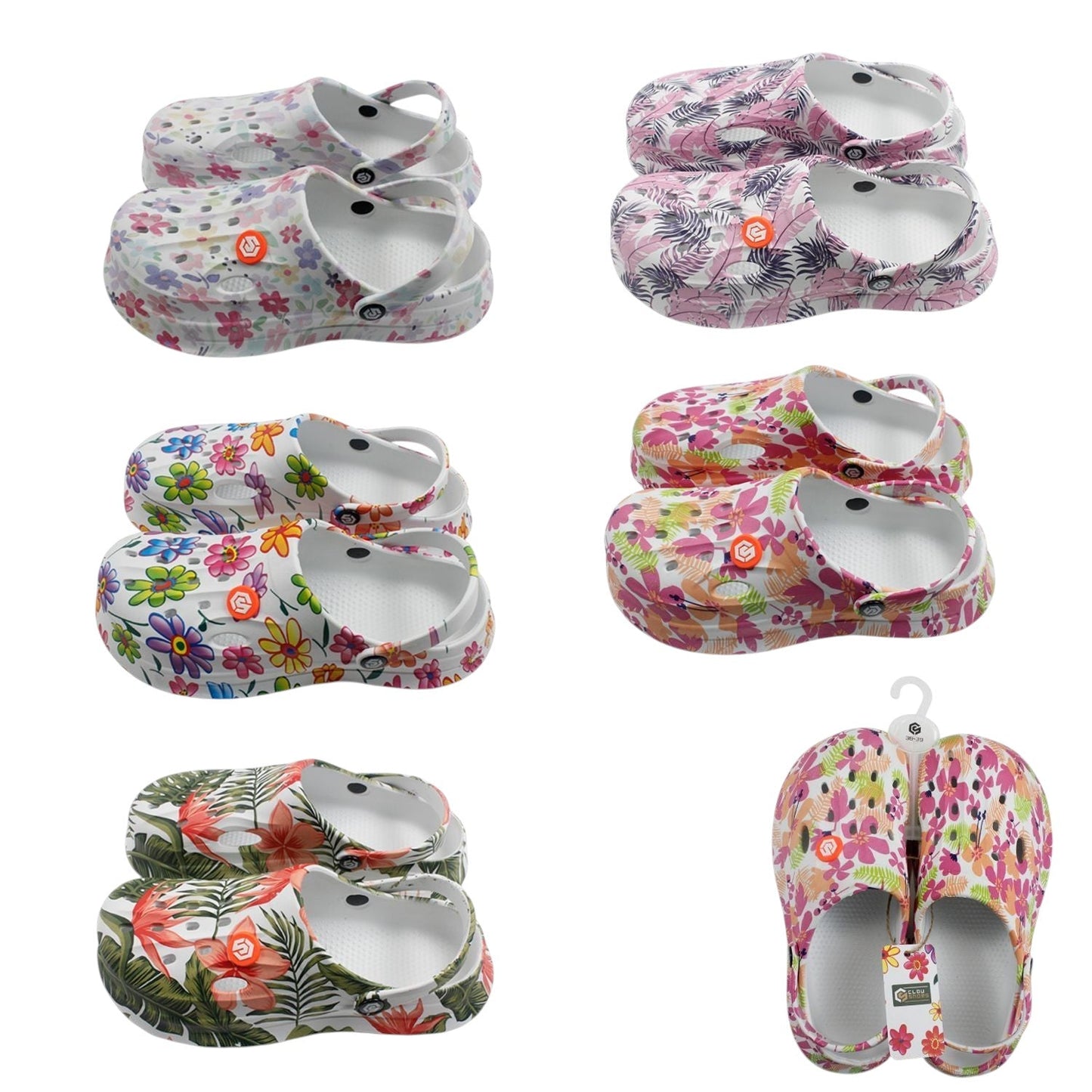 Damen Clogs Blumen » günstige Damenschuhe » Badeschlappen mit Blumenmuster » Sommer Garten Schuhe & Garten Schuhe » Badelatschen mit Riemen und Cut-Outs