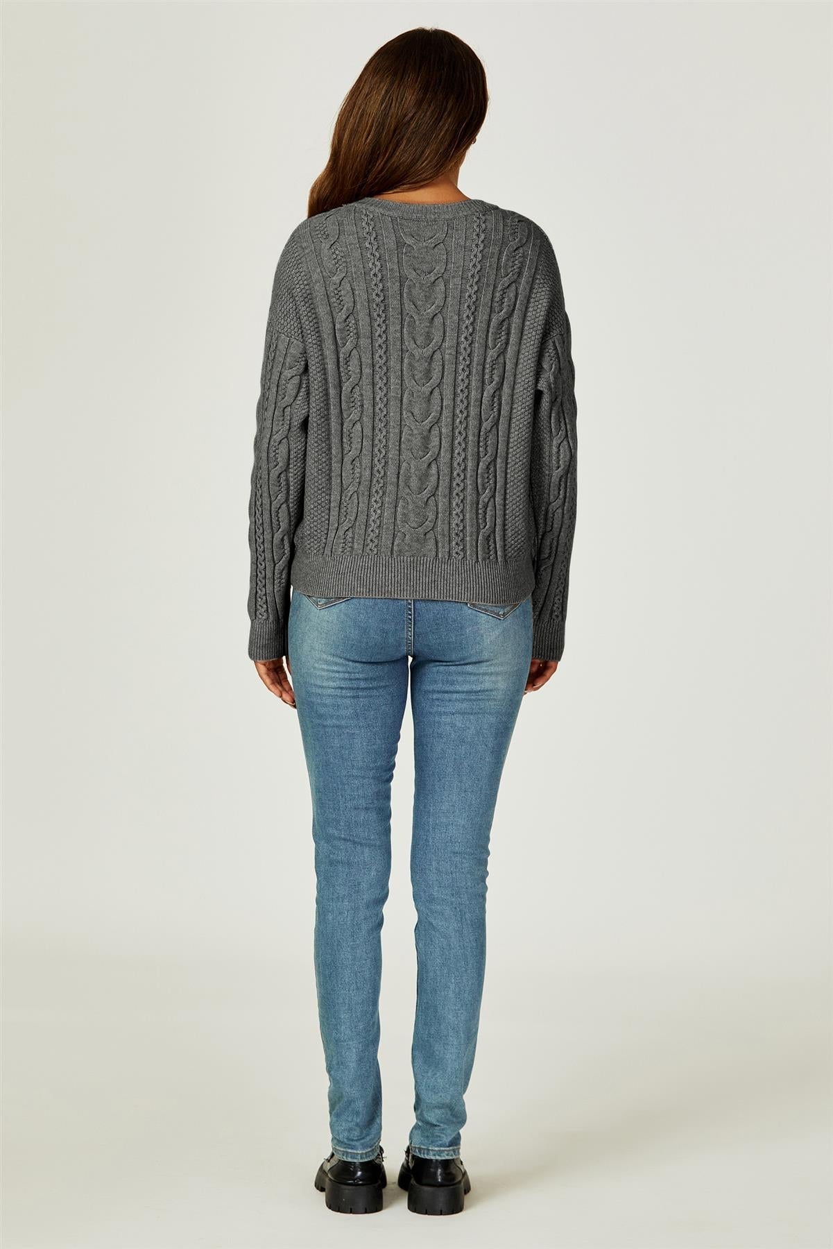 Cable Knit Crew Neck Jumper In Dark Grey