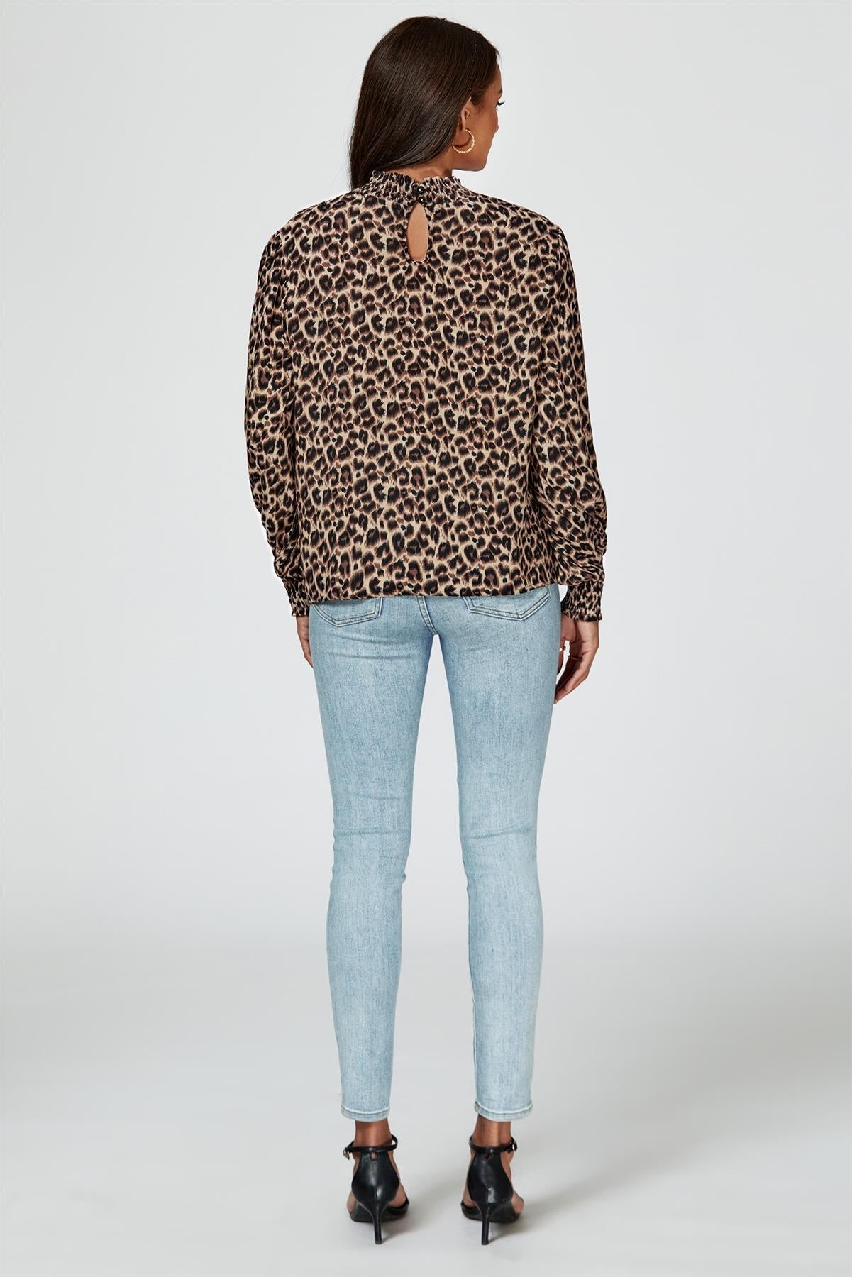 Leopard Print Long Sleeve High Neck Blouse In Brown