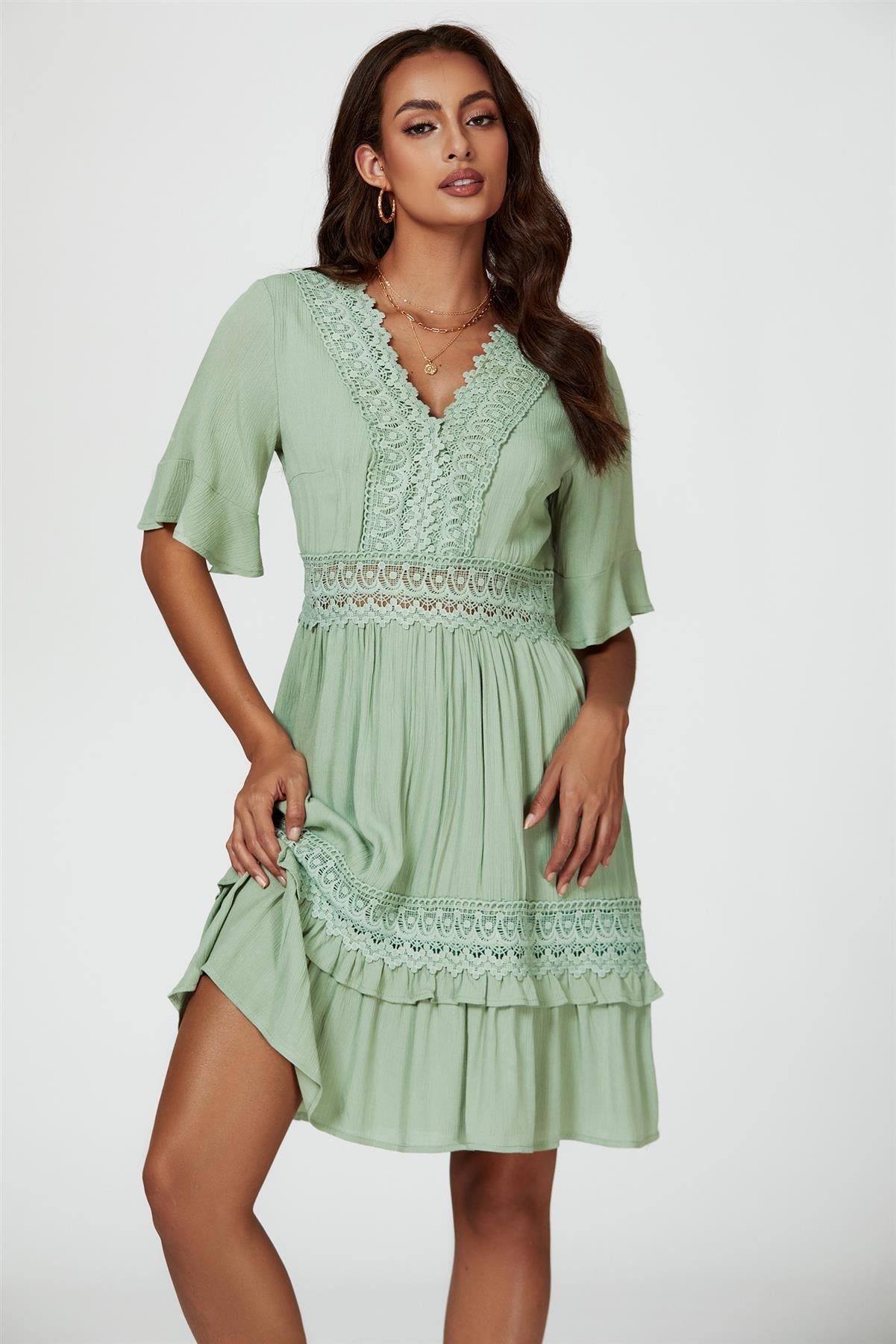 V Neck Lace Mini Dress In Green