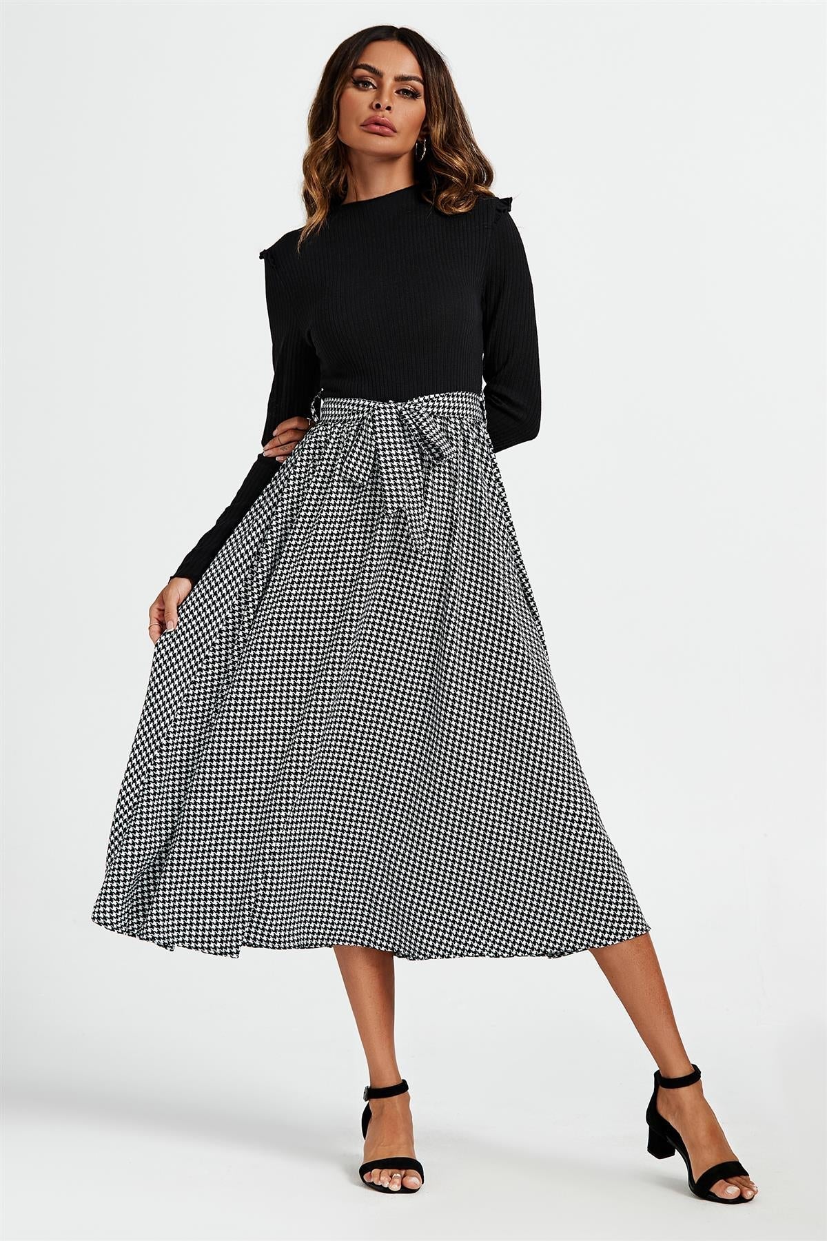 Rochie midi 2 în 1 cu imprimeu Houndstooth alb și negru
