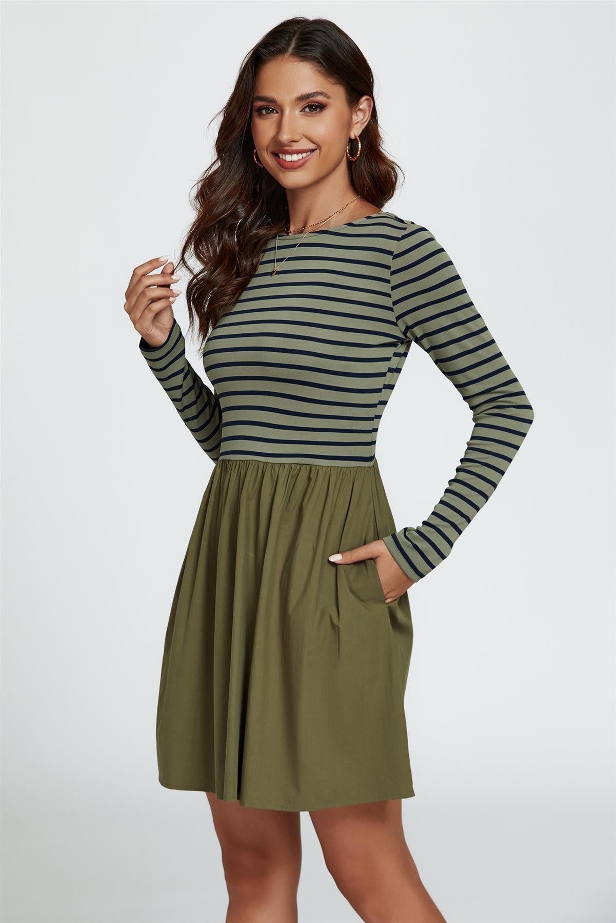 Long Sleeve Stripe Mini Dress In Olive