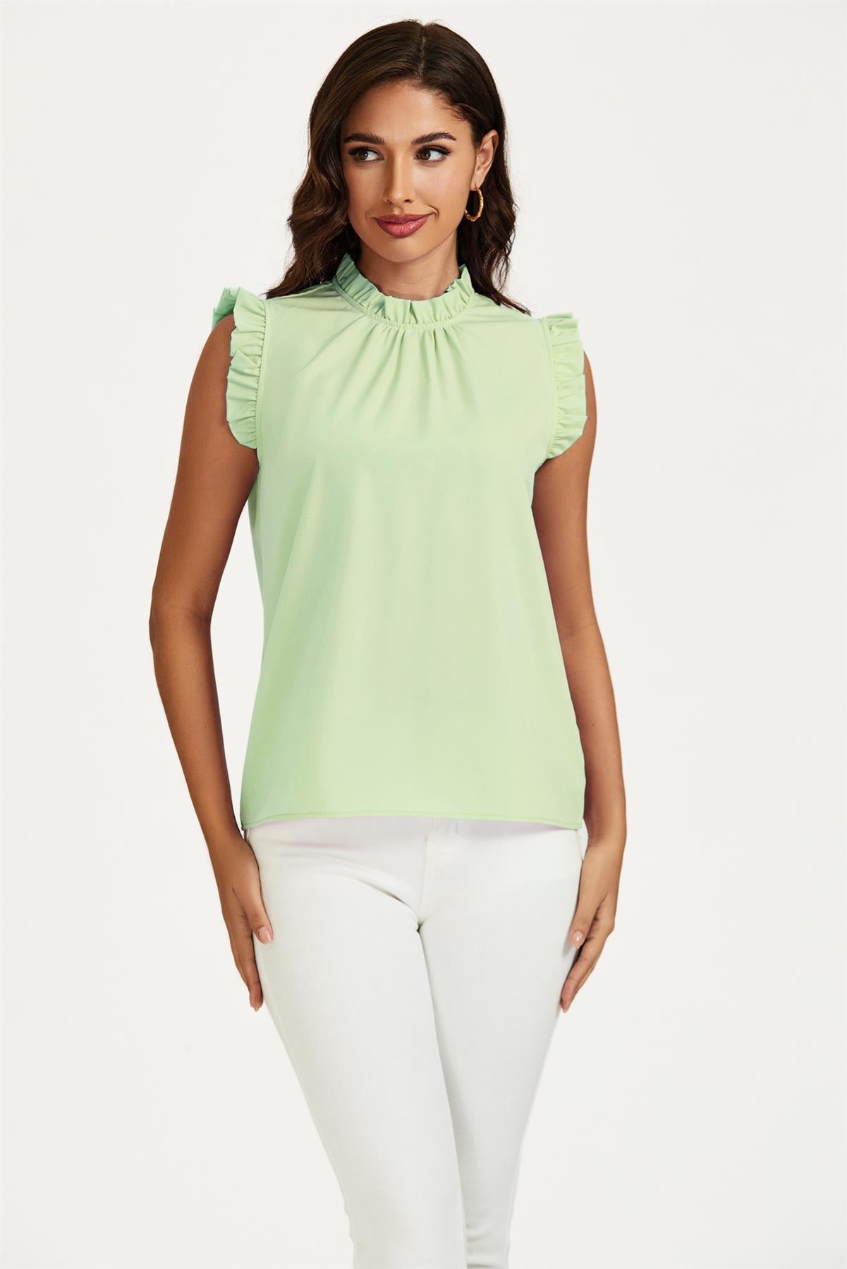 Frill Trim Sleeve Frill Neck Blouse Top In Light Green