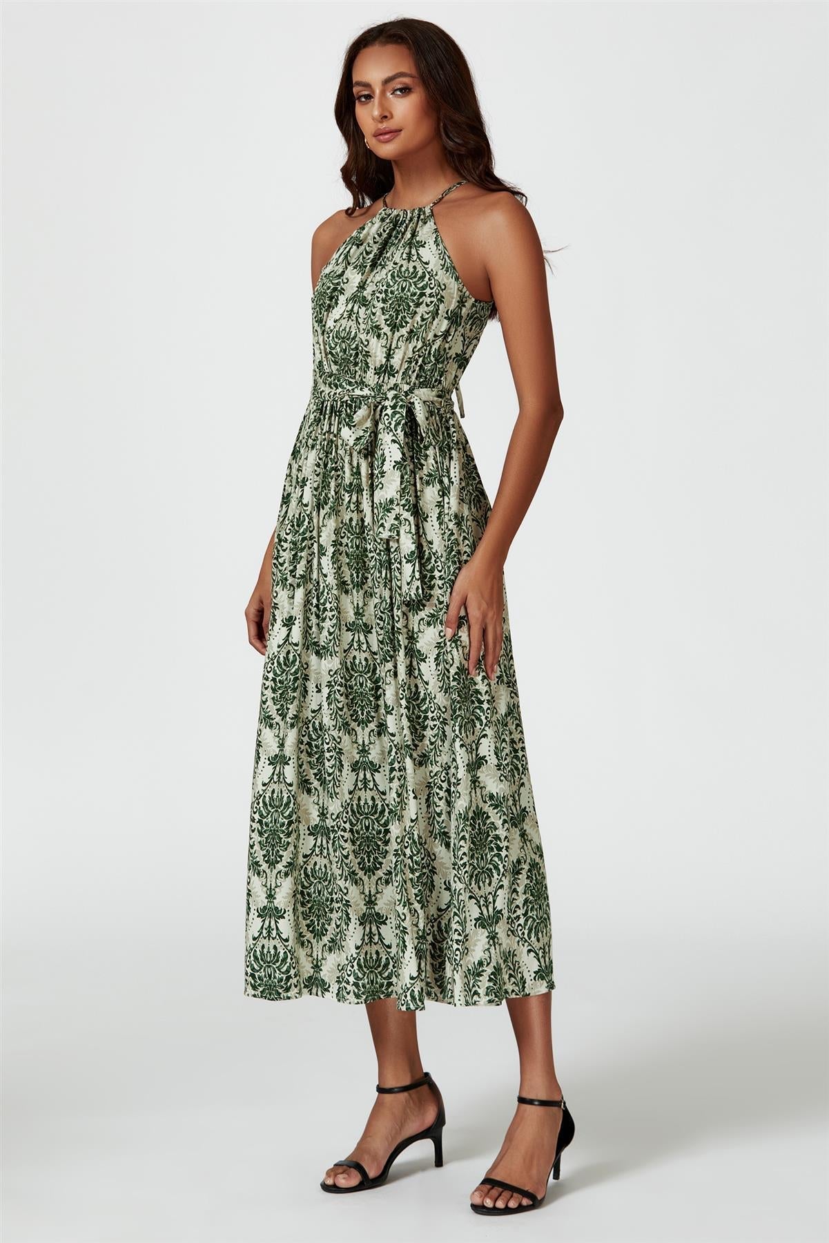 Green & Beige Floral Print Tie Halterneck Maxi Dress
