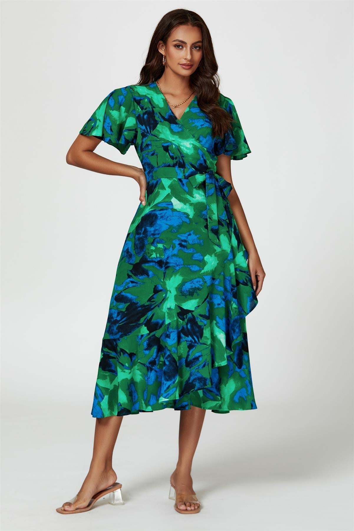 Rochie midi înfășurată cu imprimeu abstract, verde