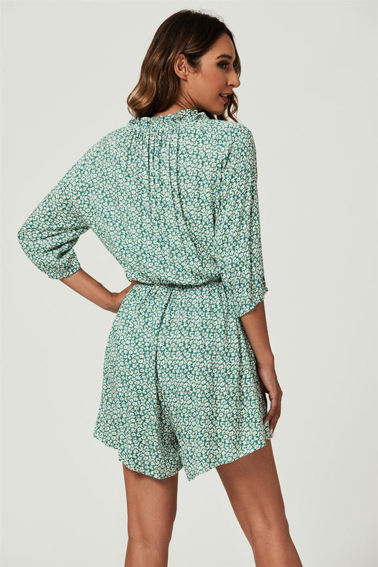 Daisy Floral Print Boho Playsuit With Buttons In Green