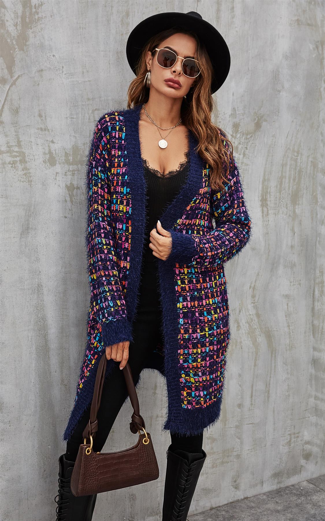 Pink mix Multi colour Speckles Boucle Check Cardigan In Navy