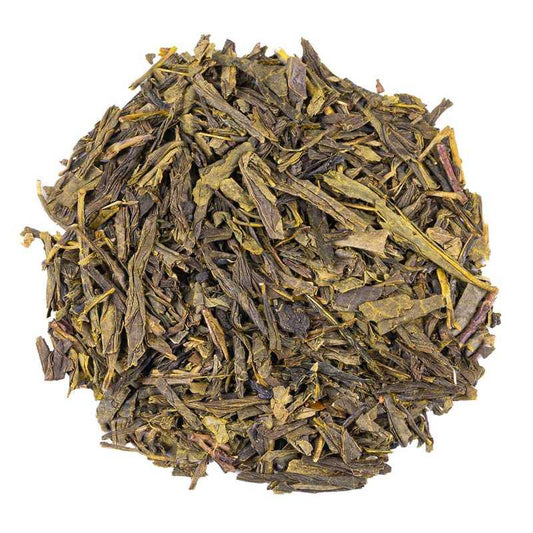 Amestec de ceai verde Teekrone Sencha, frunze mari - Conținut 100 g, Dimensiunea frunzei este mare, Dimensiunile ambalajului este de 12 x 8 cm