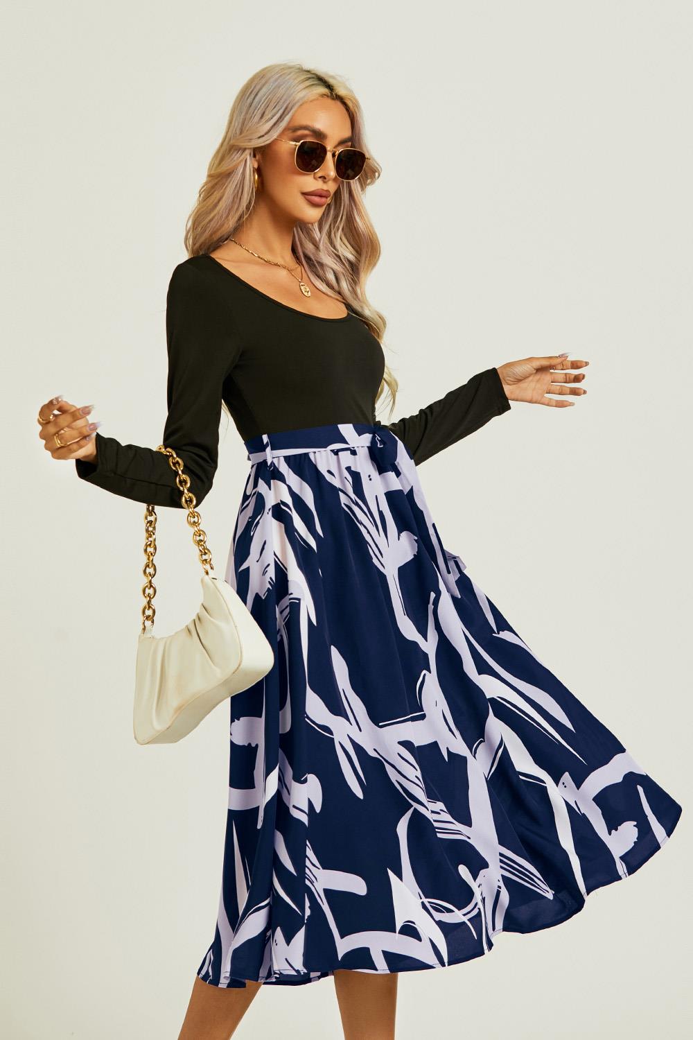 Printed 2 In 1 Midi Dress Long Sleeve Top In Navy