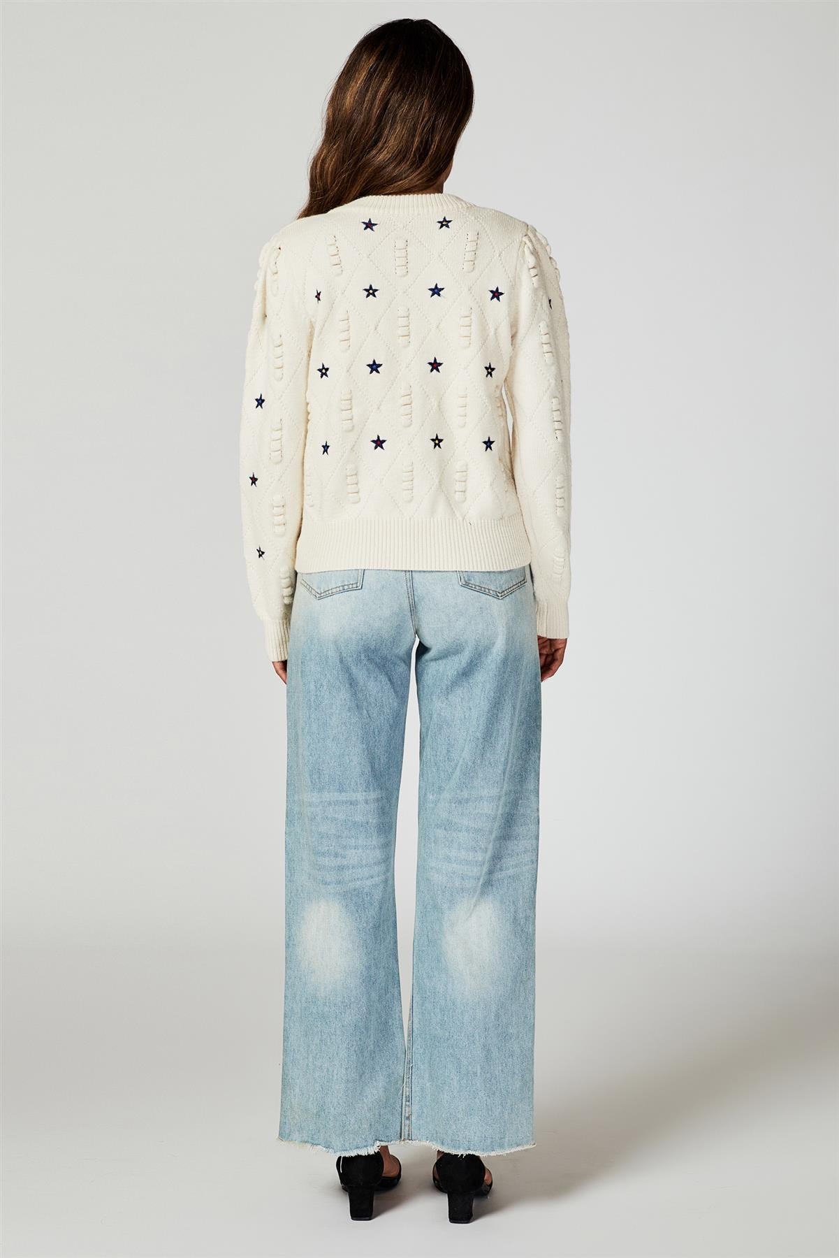 Star Embroidered Knitted Cardigan In Bone White