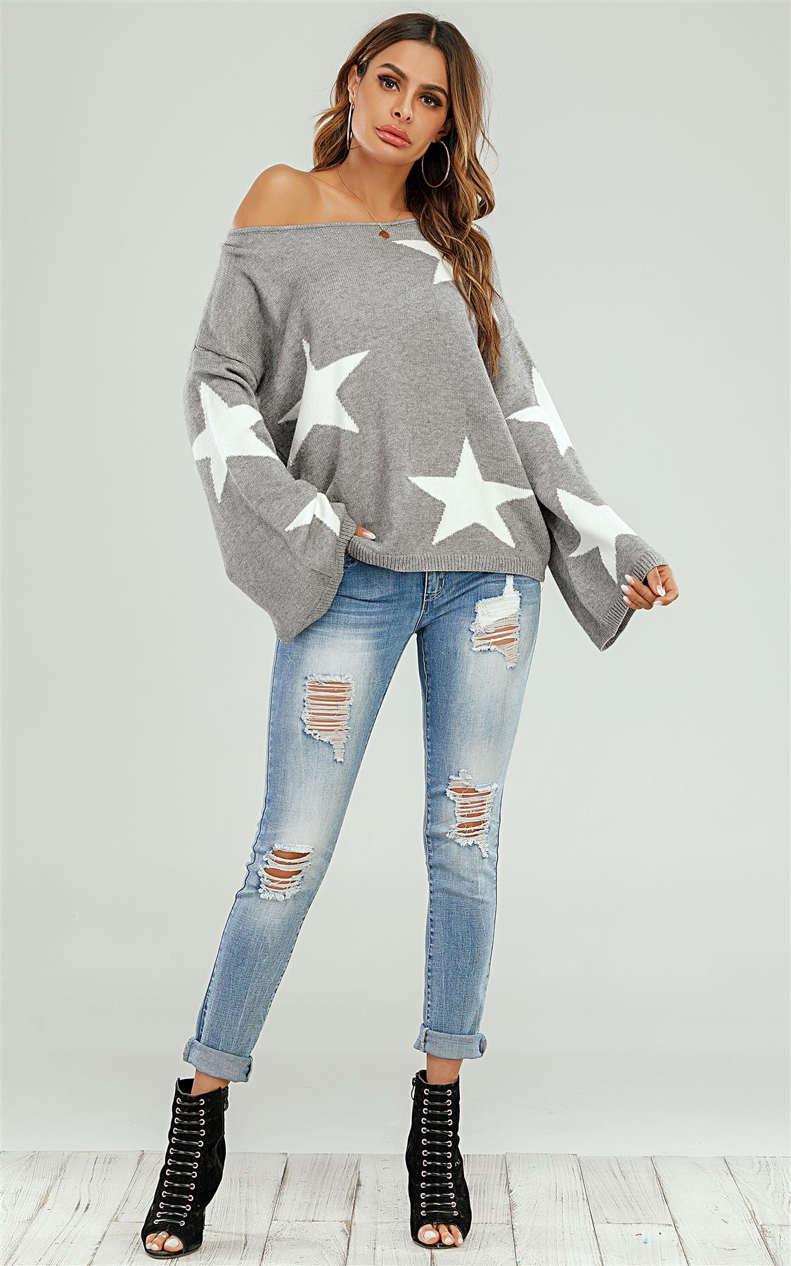 Wide Sleeve Oversized Grey Jumper With White Star