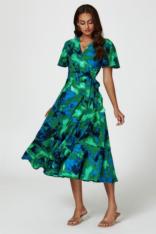 Rochie midi înfășurată cu imprimeu abstract, verde