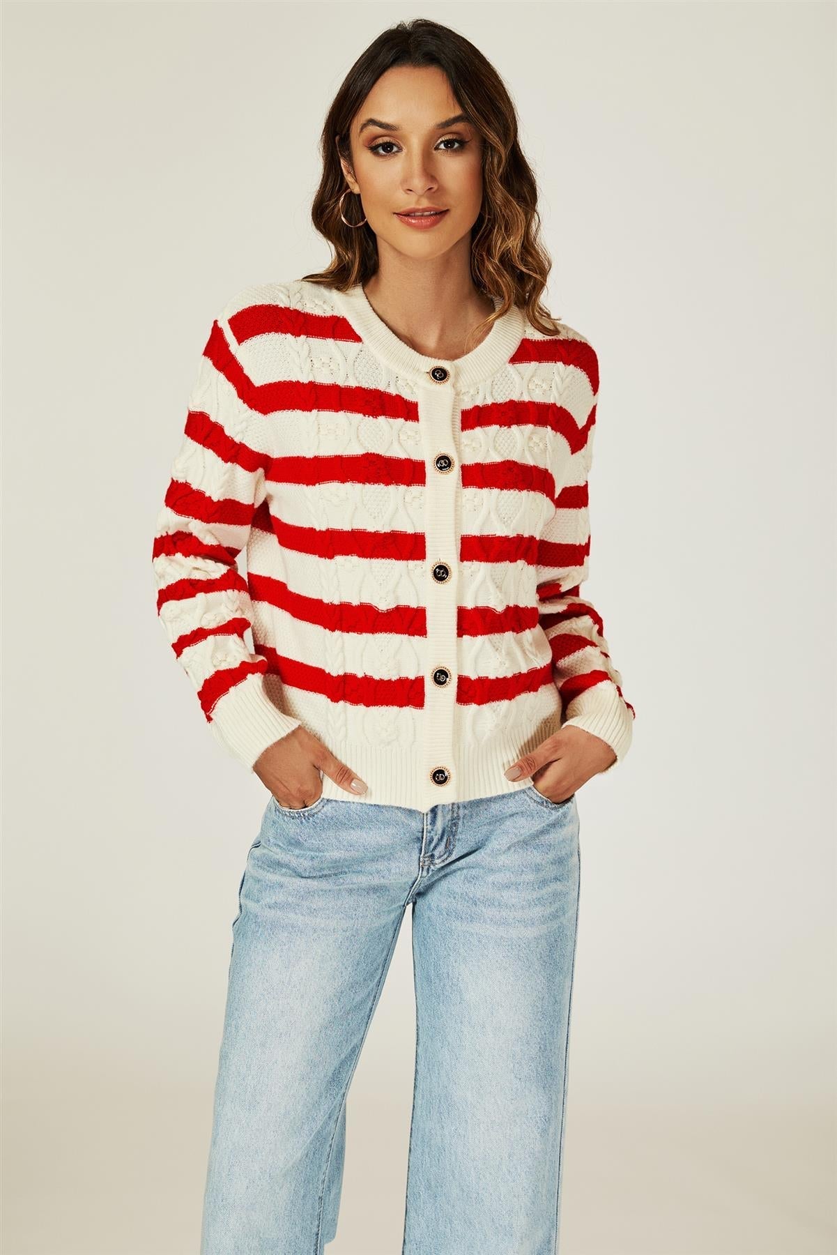 Stripe Pattern Knitted Cardigan In Red