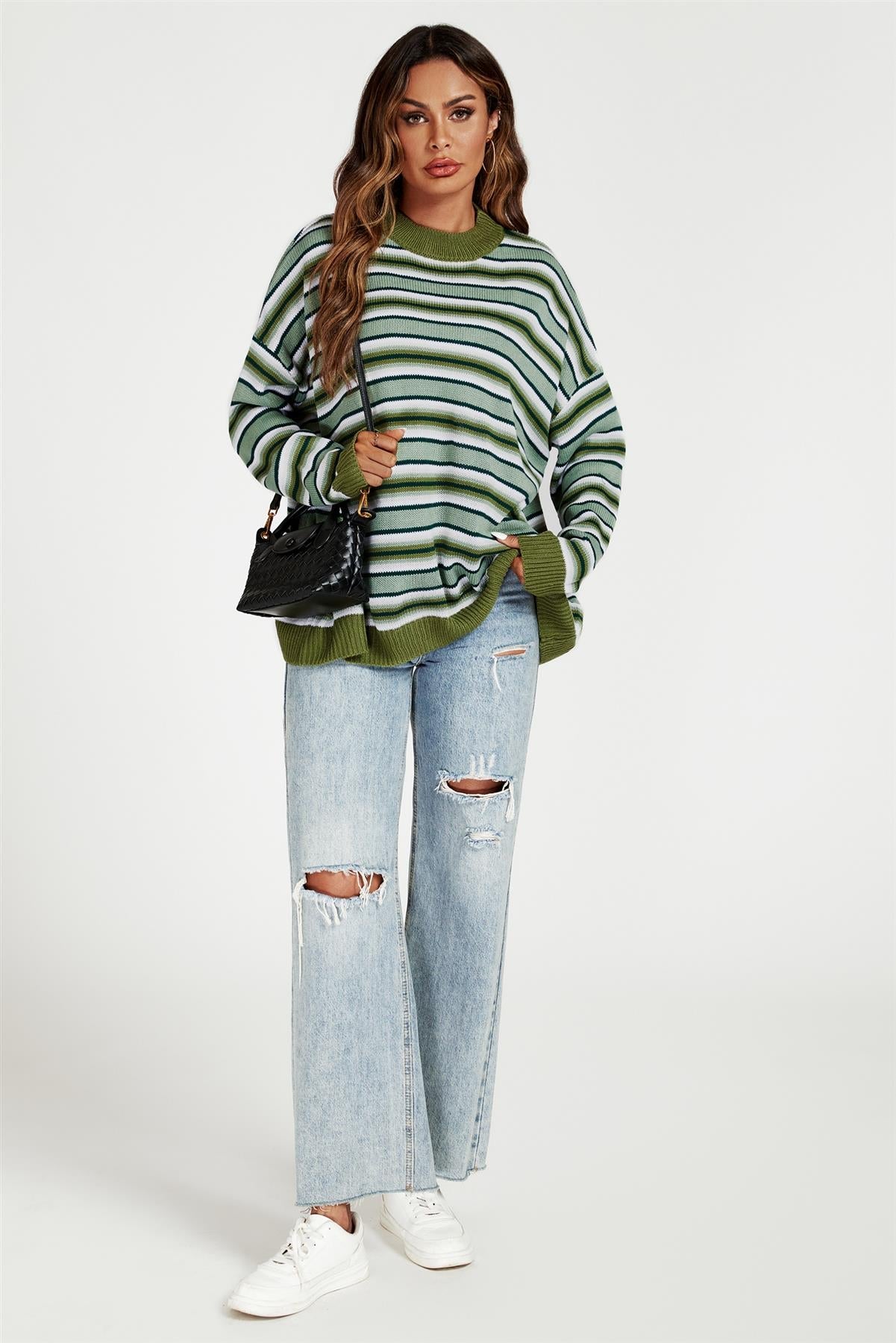 Stripe Block Relaxed Knit Jumper Top In Green