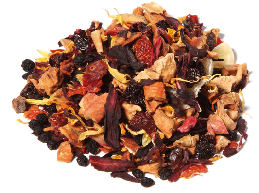 Teekrone Ceai de fructe Mix de fructe de pădure pentru coșuleț - Conținut 100 g, Aromă de hibiscus, Aromă de zmeură
