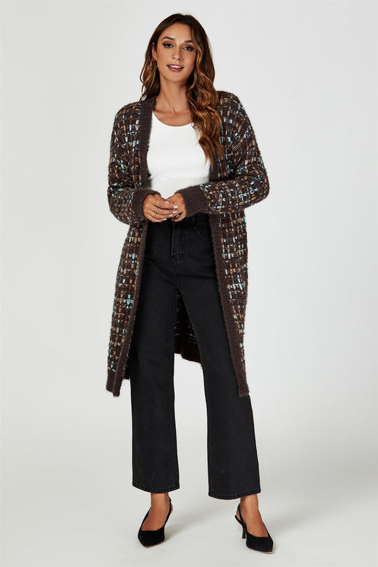 Boucle Check Cardigan In Brown With Multicolour Speckles