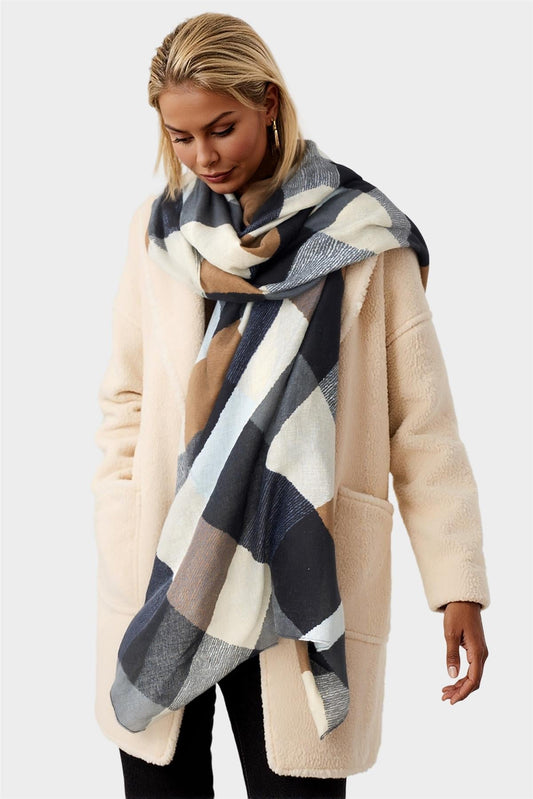 Eșarfă cu imprimeu geometric în maro, negru și gri